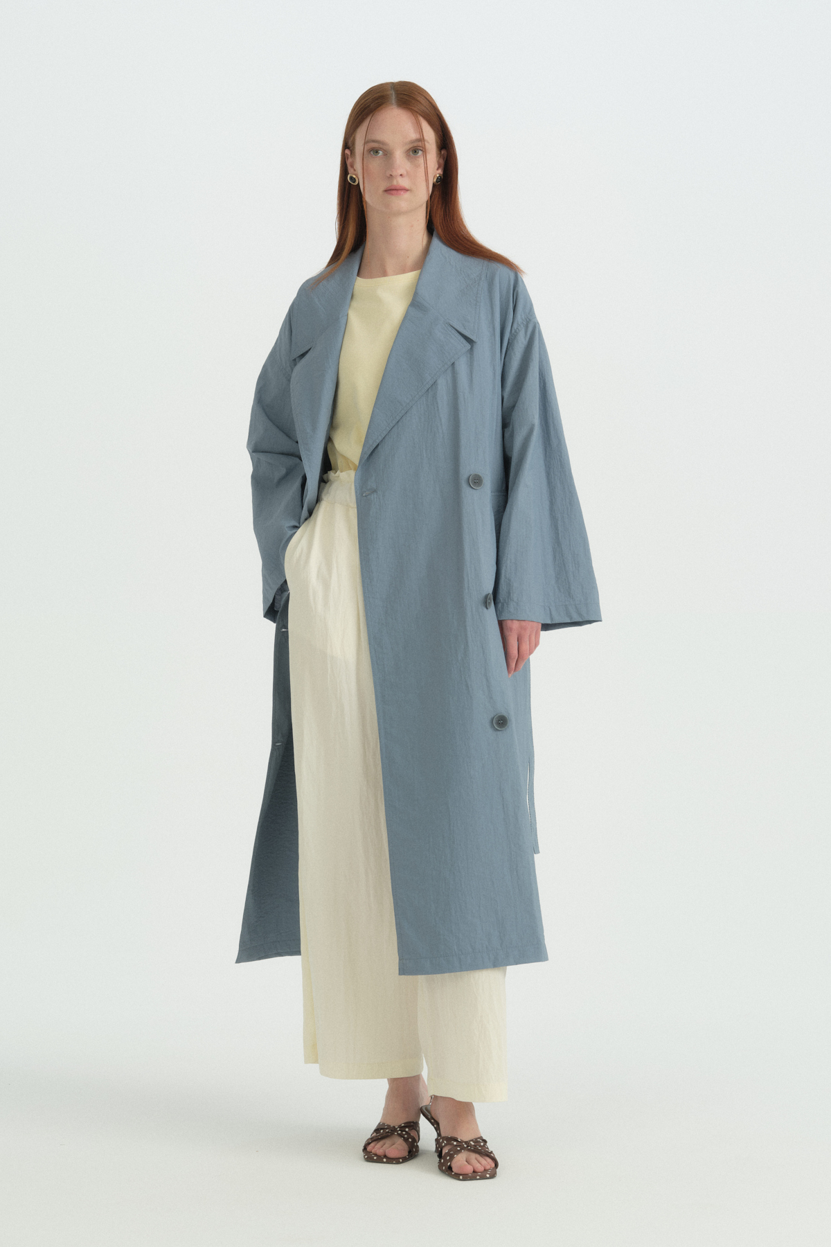Nihan Düğme Detaylı Kuşaklı Oversize Trençkot - Açık Mavi