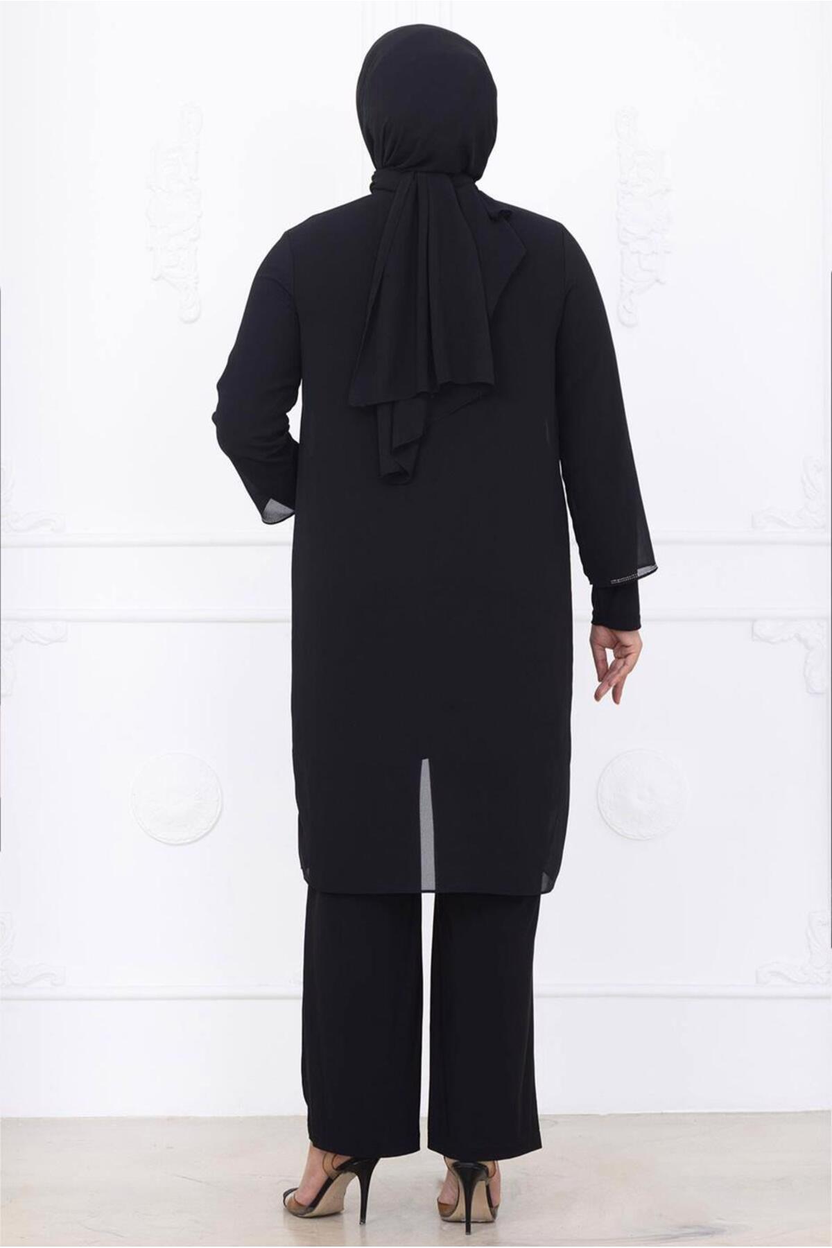 TRENDTESETTÜR KADIN SİYAH ŞİFON ABİYE PANTOLONLU TAKIM T 2831
