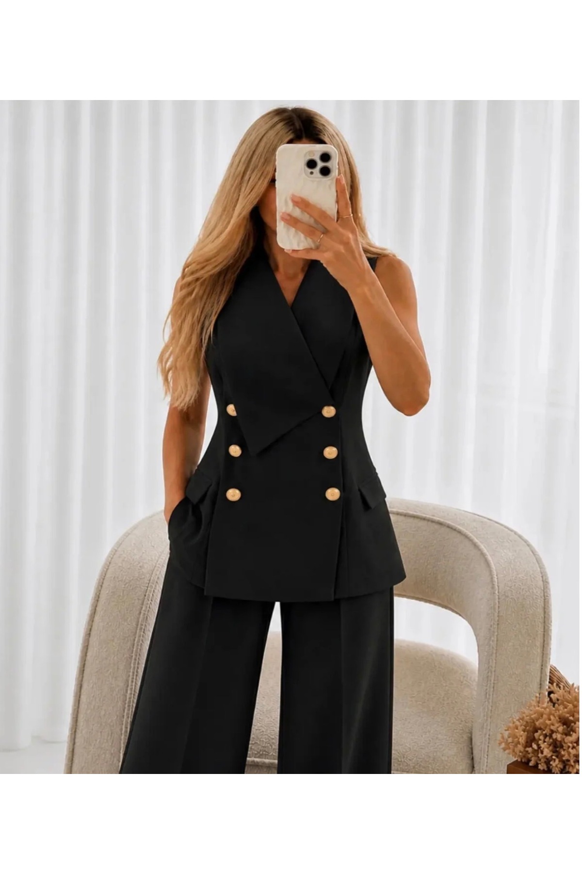 Wrap Collar Gold Buttoned Vest Pants Blazer Set