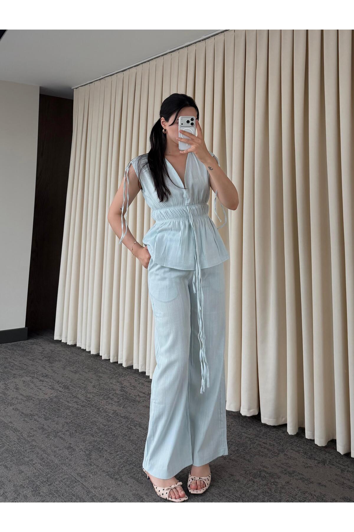 My Blog Blue 100% Cotton Shoulder-Waist Drawstring Blouse and Trousers Set - Y286120