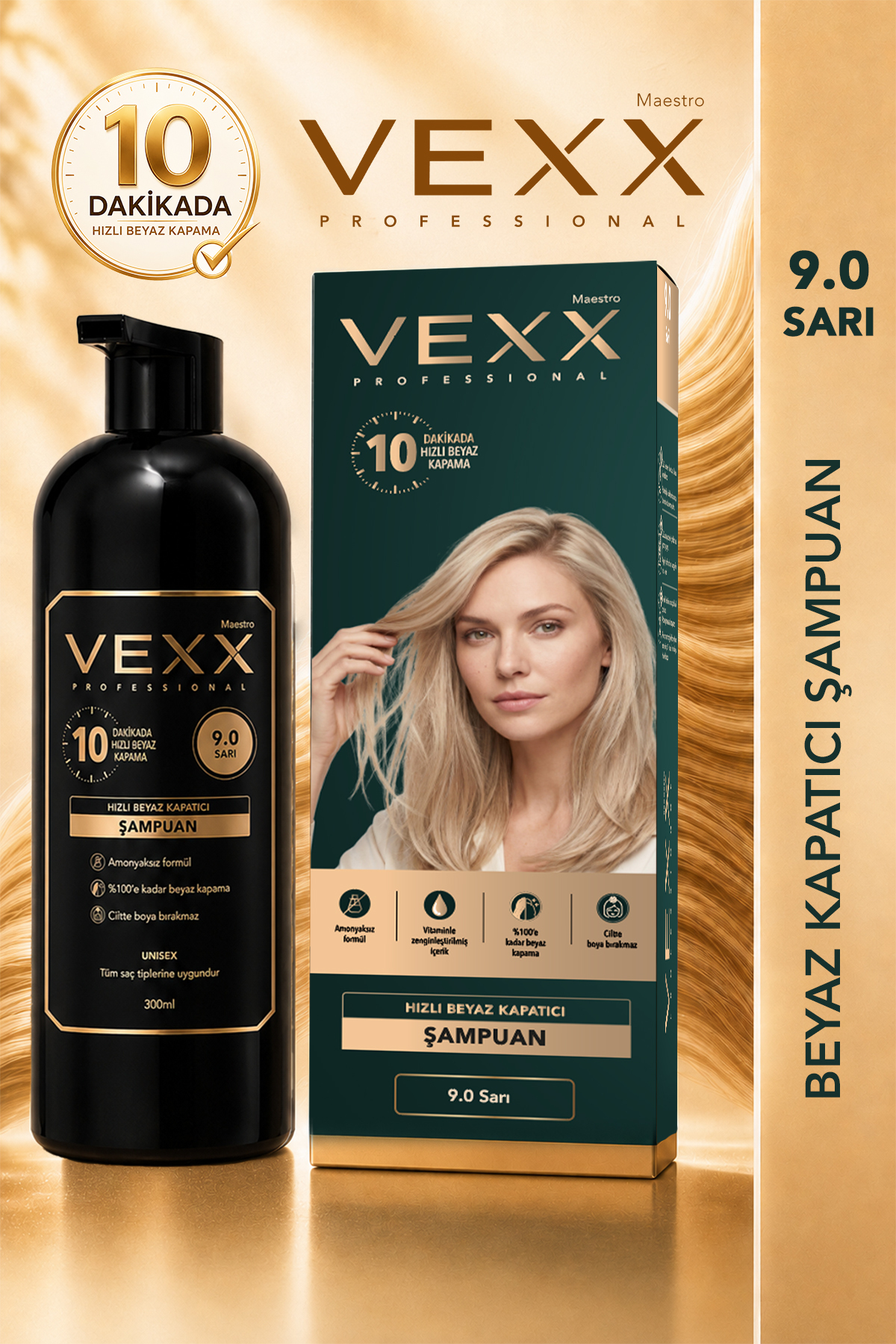 vexx maestro Vexx Professional Beyaz Kapatıcı Pratik Boya Şampuan Sarı 9.0(Yellow) Amonyaksız Formül 300 ml. — زرد vexx34