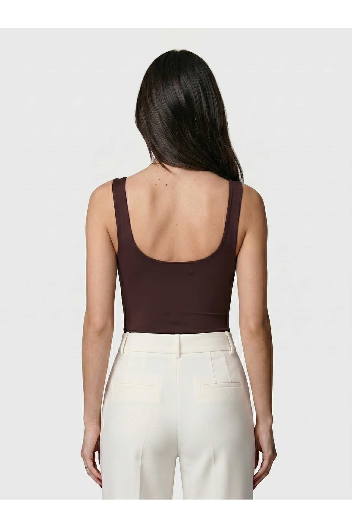 Kadın Kare Yaka Kalın Askılı Çıtçıtlı Body Slim Fit Dar Kalıp Likralı Bodysuit - Kahverengi 4