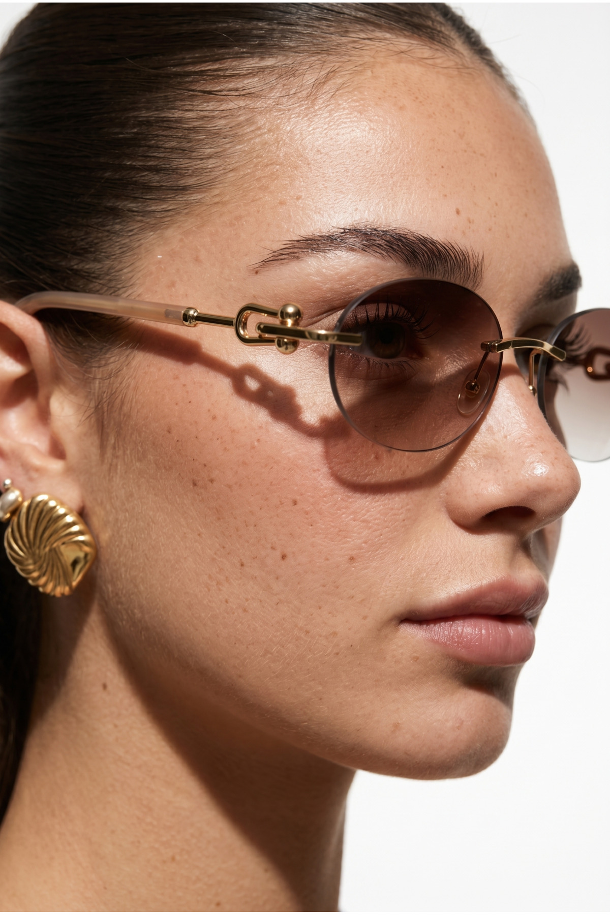 Houseofeyeris ELVA Çerçevesiz Oval Kahverengi Degrade Camlı Gold Detaylı Unisex Güneş Gözlüğü görsel 2
