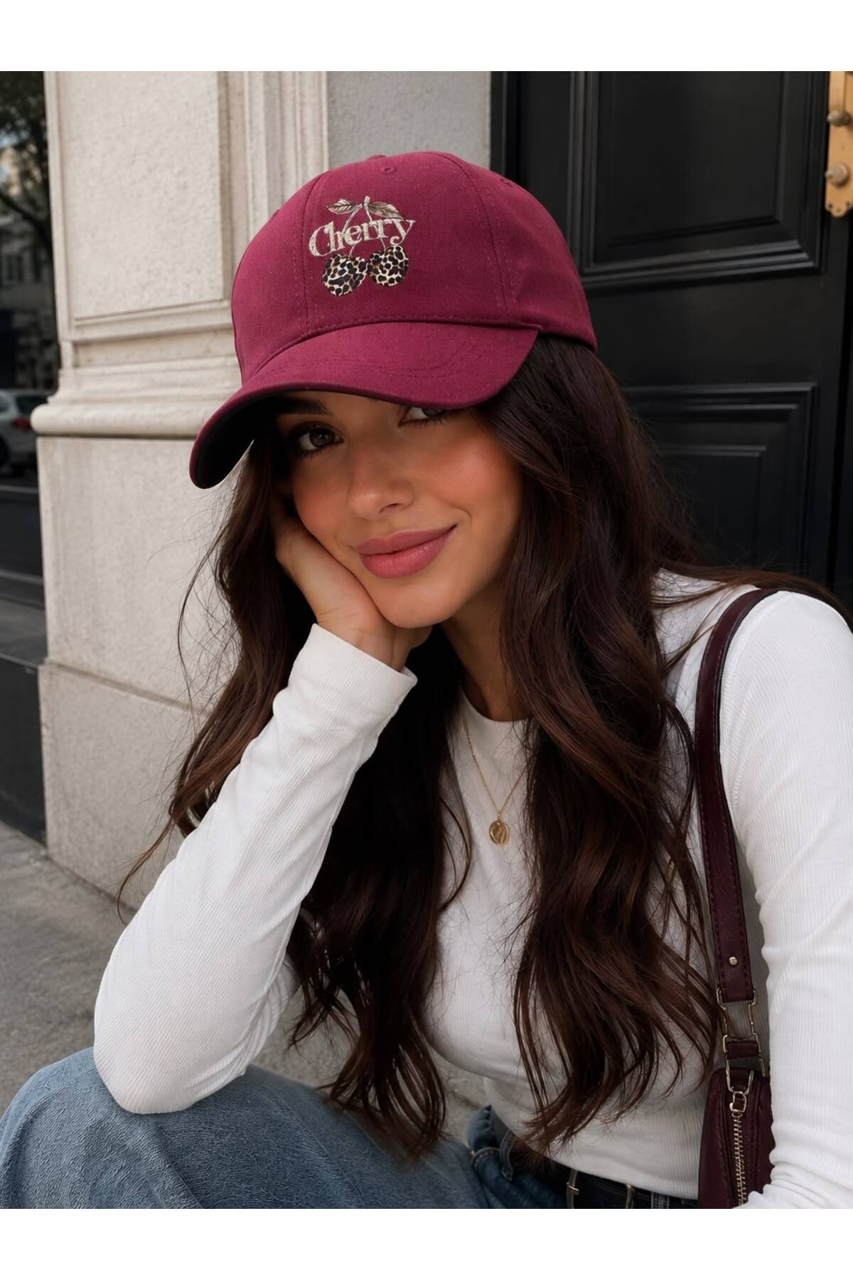 sf collection Cherry Baskılı Kadın Spor Şapka - Ayarlanabilir Pamuklu Cap görsel 3
