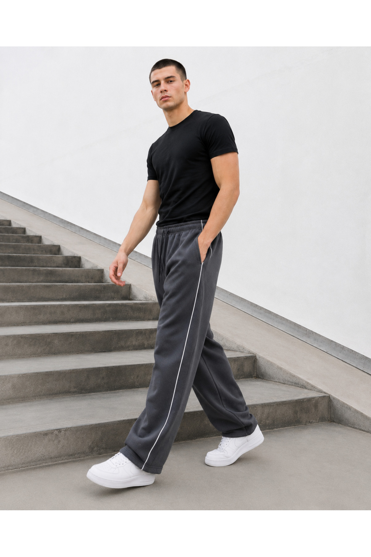 De Carte Harajuku Streetwear Yan Şeritli Erkek Bol Kesim Ayarlanabilir Geniş Paça Eşofman Altı görsel 3