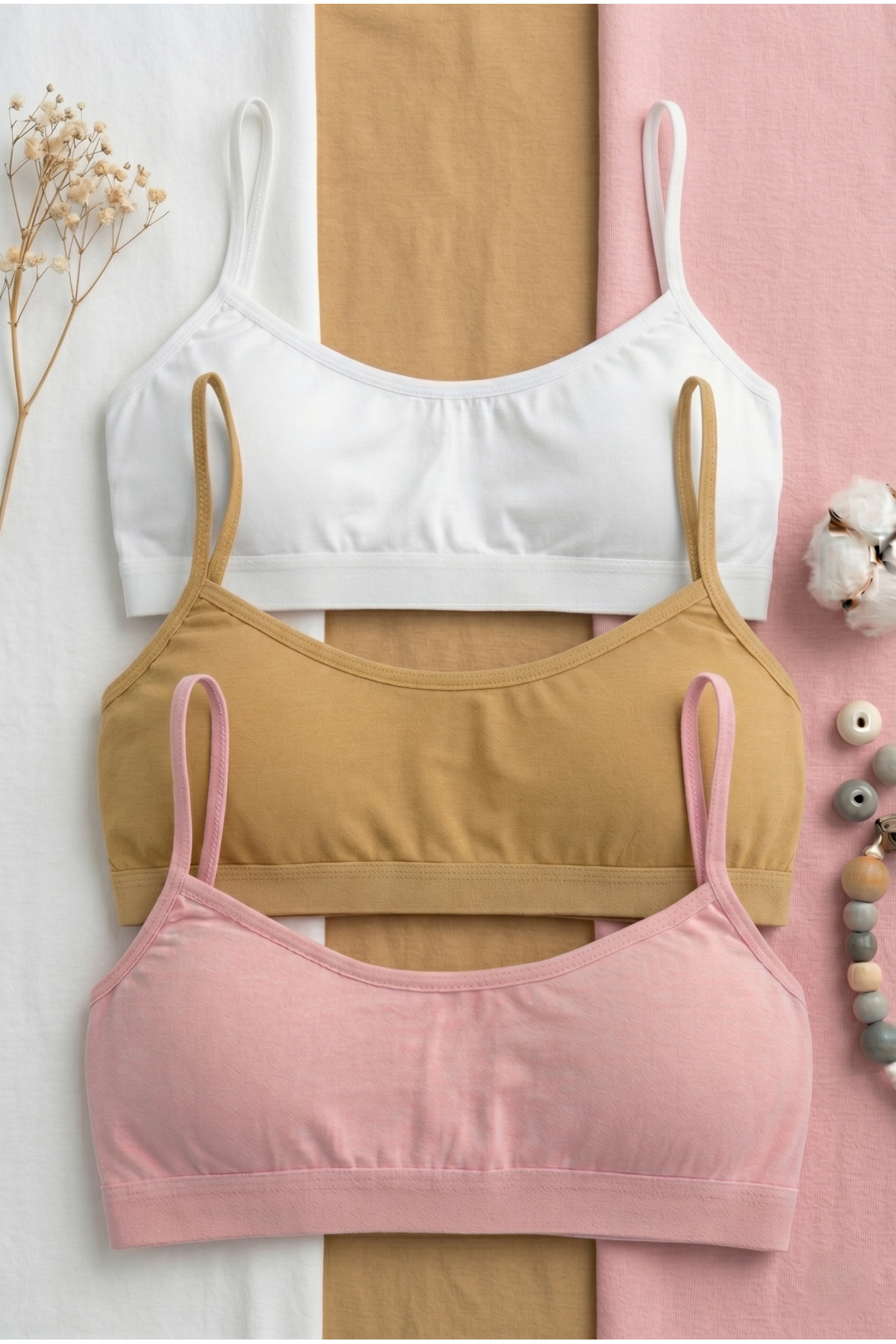 3'lü Set Pedli Pamuklu Bralet - Telsiz İnce Askılı Uyku ve Günlük Konfor Sporcu Büstiyeri