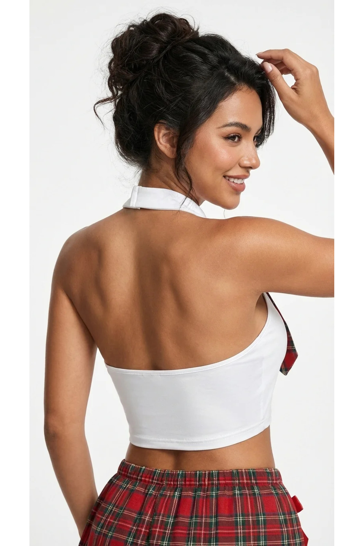 Plus Size Kırmızı Kareli Kostüm Set - Boyundan Bağlamalı Büstiyer Takım 7