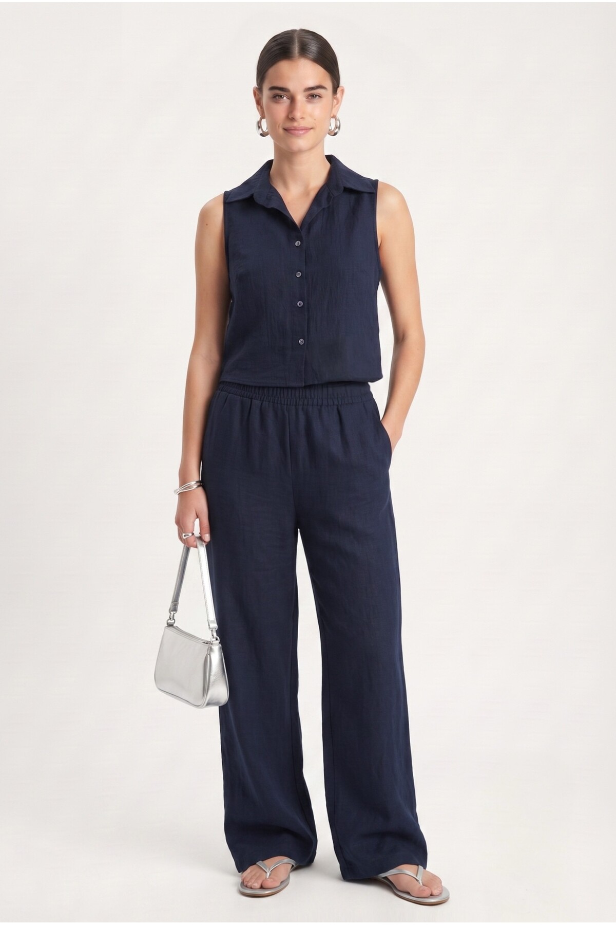Women's Alfie Zero Sleeve Shirt Waist Elastic Pants Woven Navy Blue Bottom Top Set