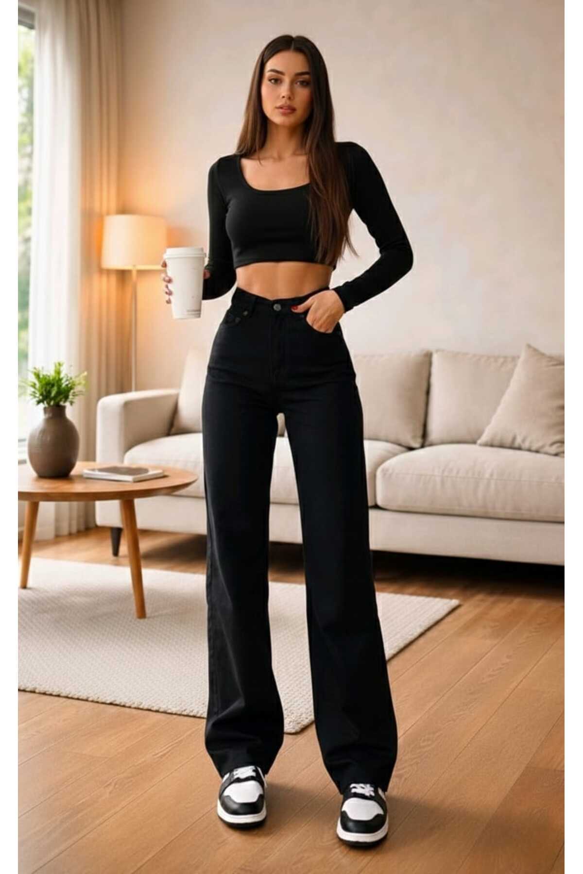 Lighter Jeans Oba Siyah Esnek Wide Leg Yüksek Bel Jean Bol Paça Rahat Kesim Denim Pantolon