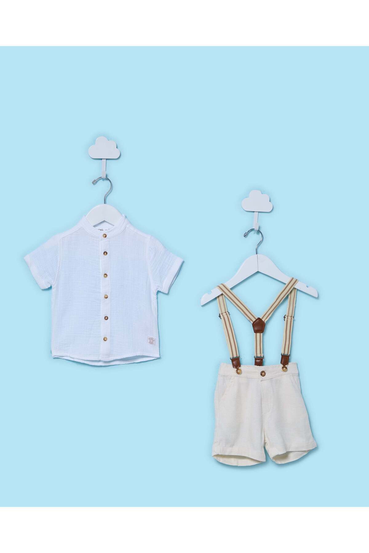 REDTAG Infant Boys White 3 Piece Shirt Shorts And Suspender Set