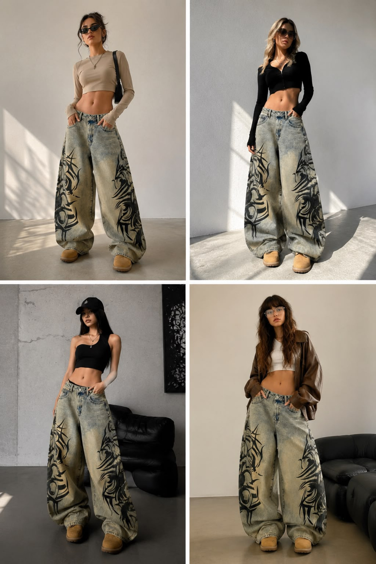 Bravebell Yıkamalı Tint Dragon Detail Baggy Unisex Jean görsel 6