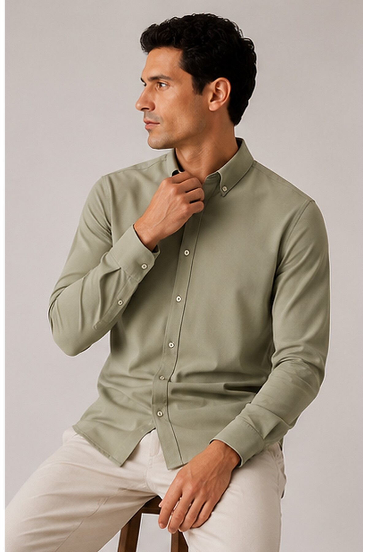 Olive Rayon Kumaş Regular Fit Uzun Kol Erkek Gömlek | MES1310164-1