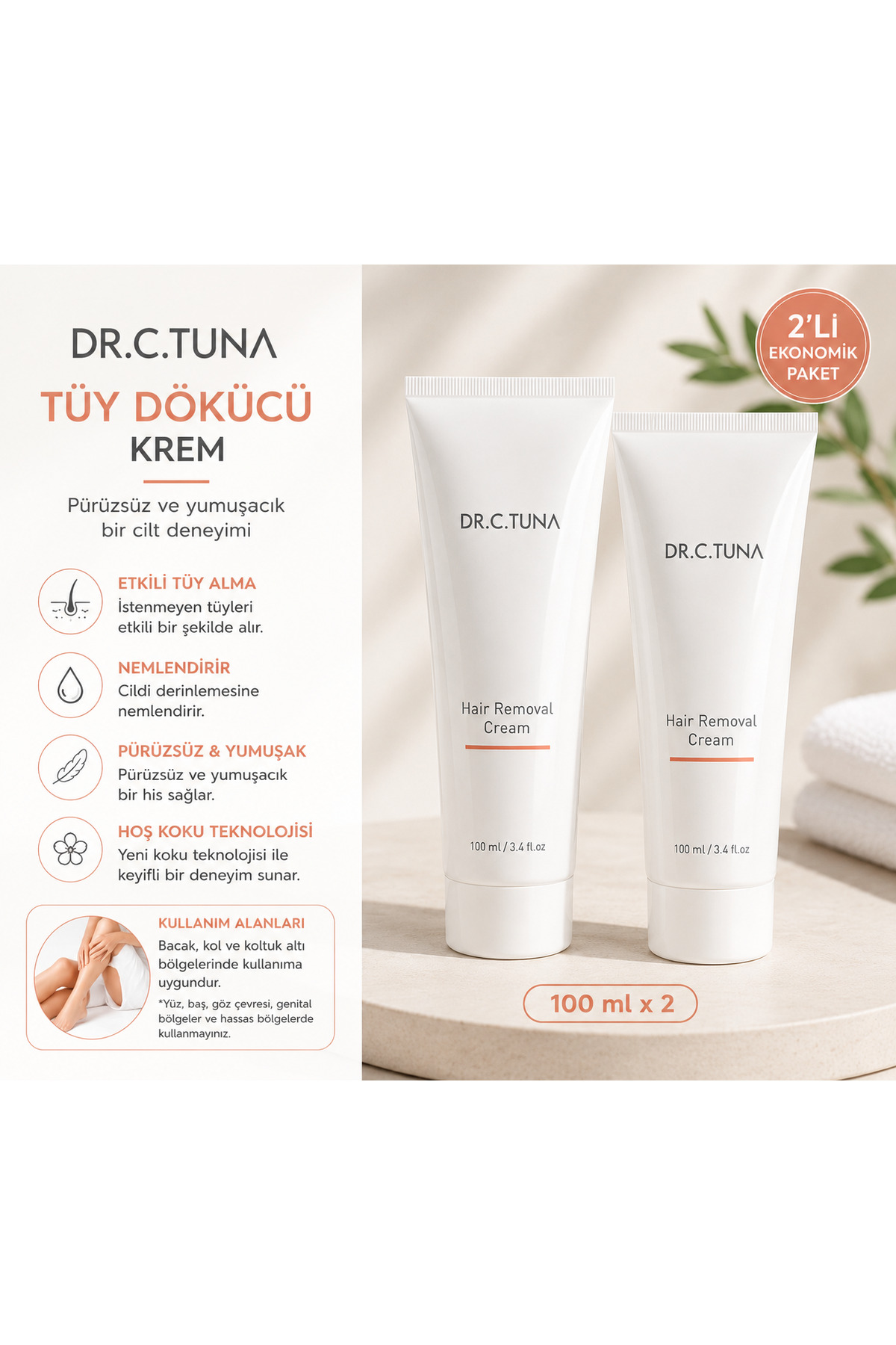 Dr. C. Tuna Tüy Dökücü Krem 100 ml x 2 Avantaj Paketi — HZN-DCT-TDK2-100 — تصویر 2 از 3