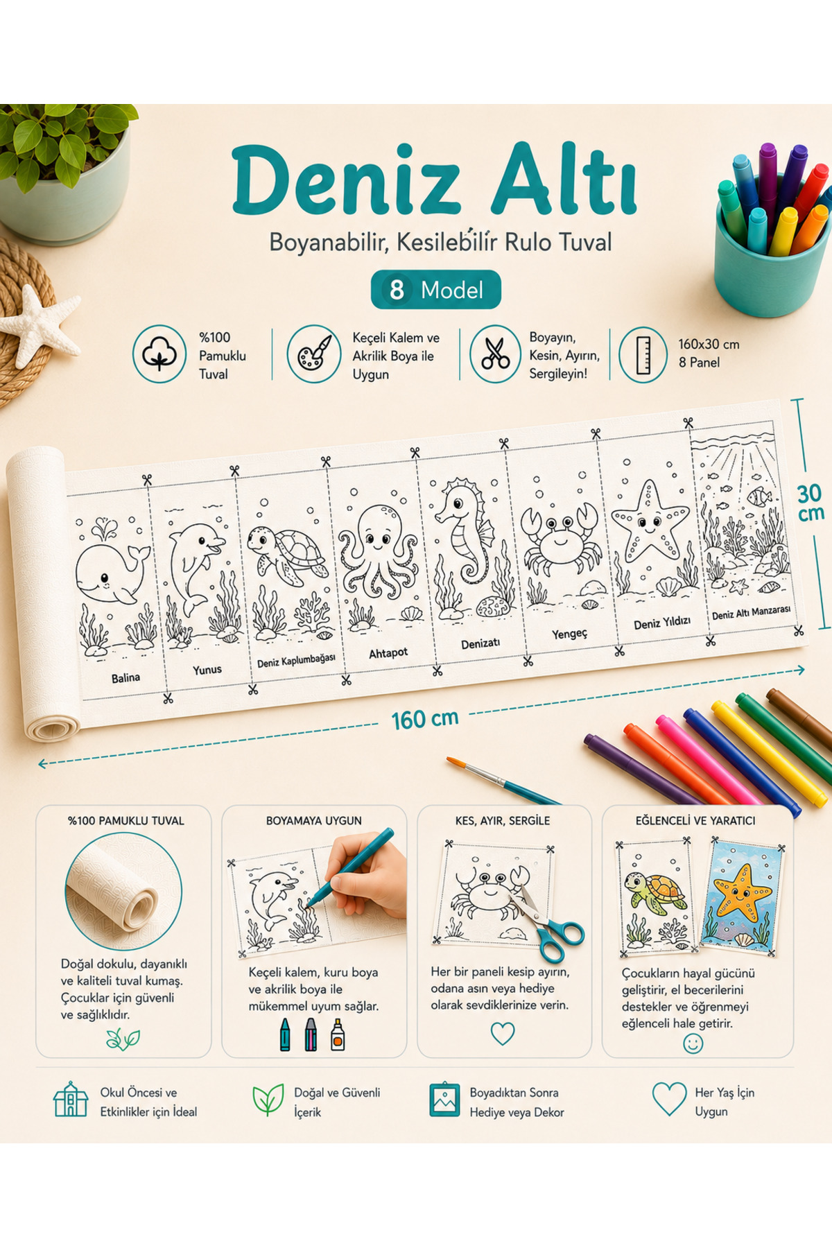 Boyanabilir Kesilebilir Rulo Tuval Deniz Altı 8 Model Çocuk Boyama Seti 160x30 cm
