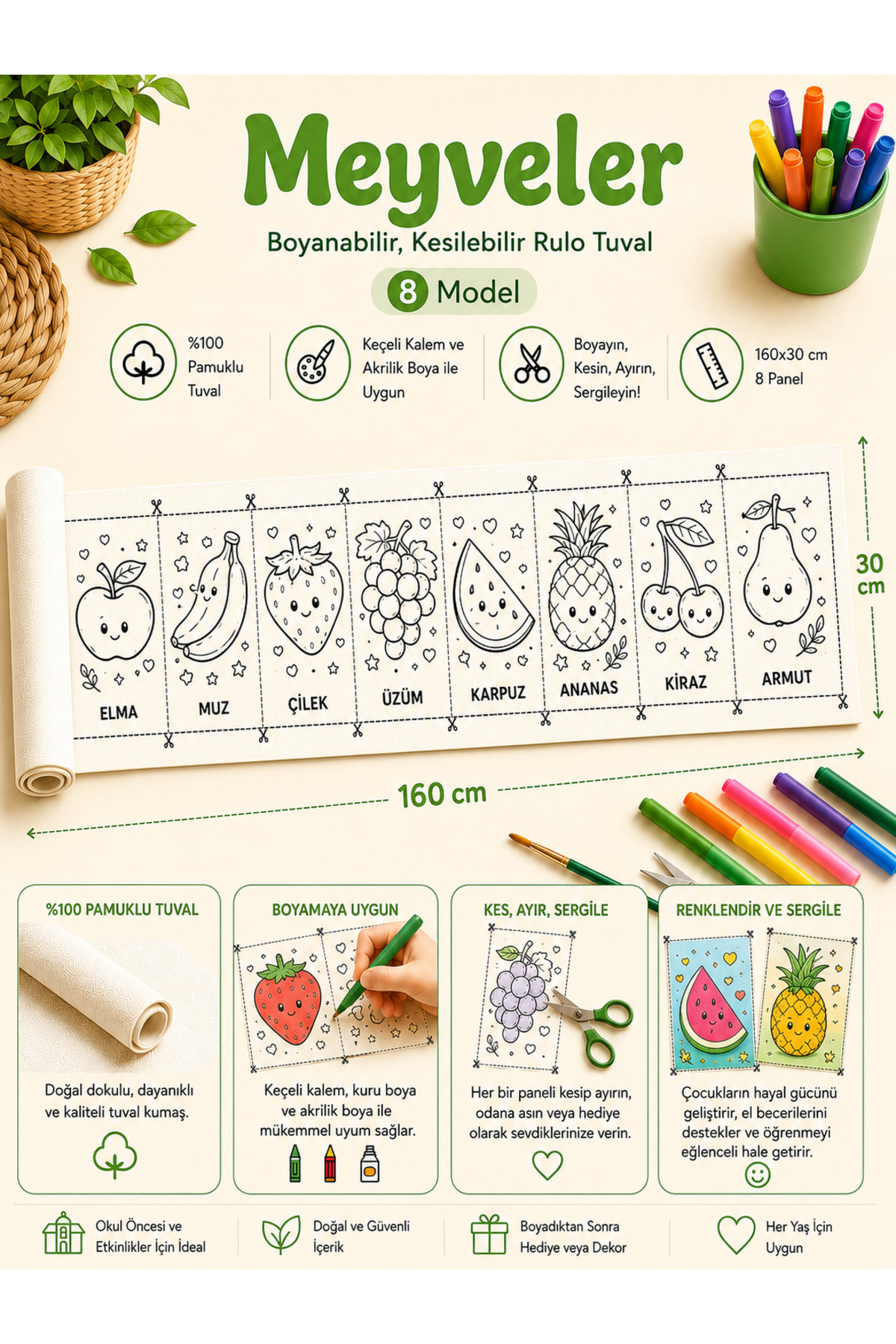 Boyanabilir Kesilebilir Rulo Tuval Meyveler 8 Model Çocuk Etkinlik Seti 160x30 cm