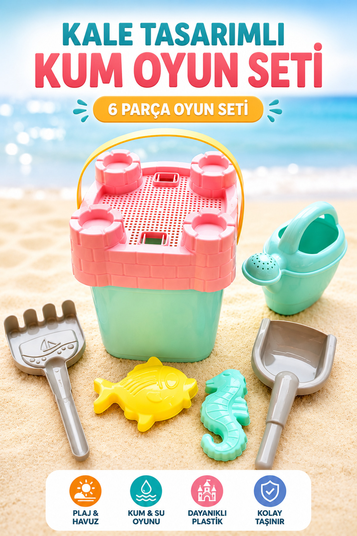 YILDIRIM OYUNCAK Kale Tasarımlı 6 Parça Oyuncak Kova Kürek Kum