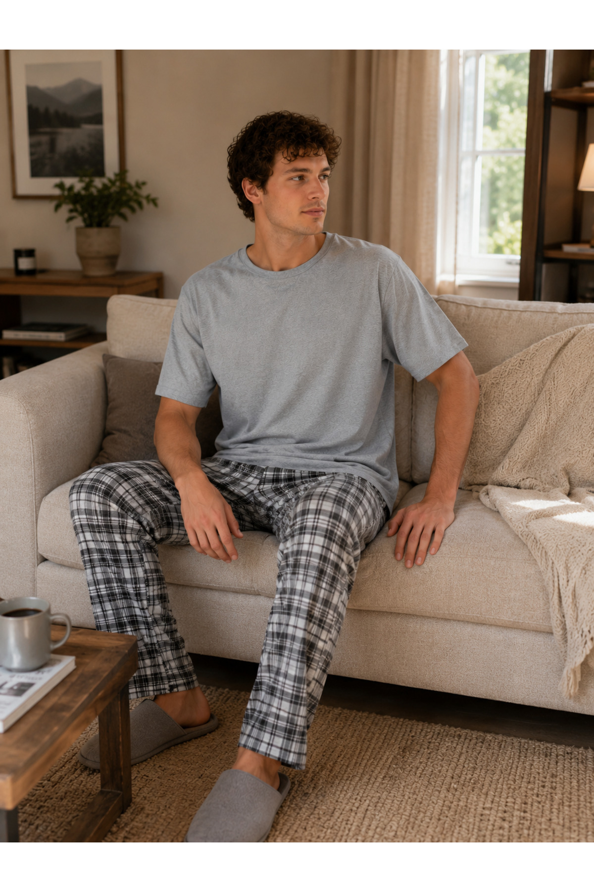STELLAPİNK Men's Gray Plaid Patterned Cotton Combed Cotton Pajama Set