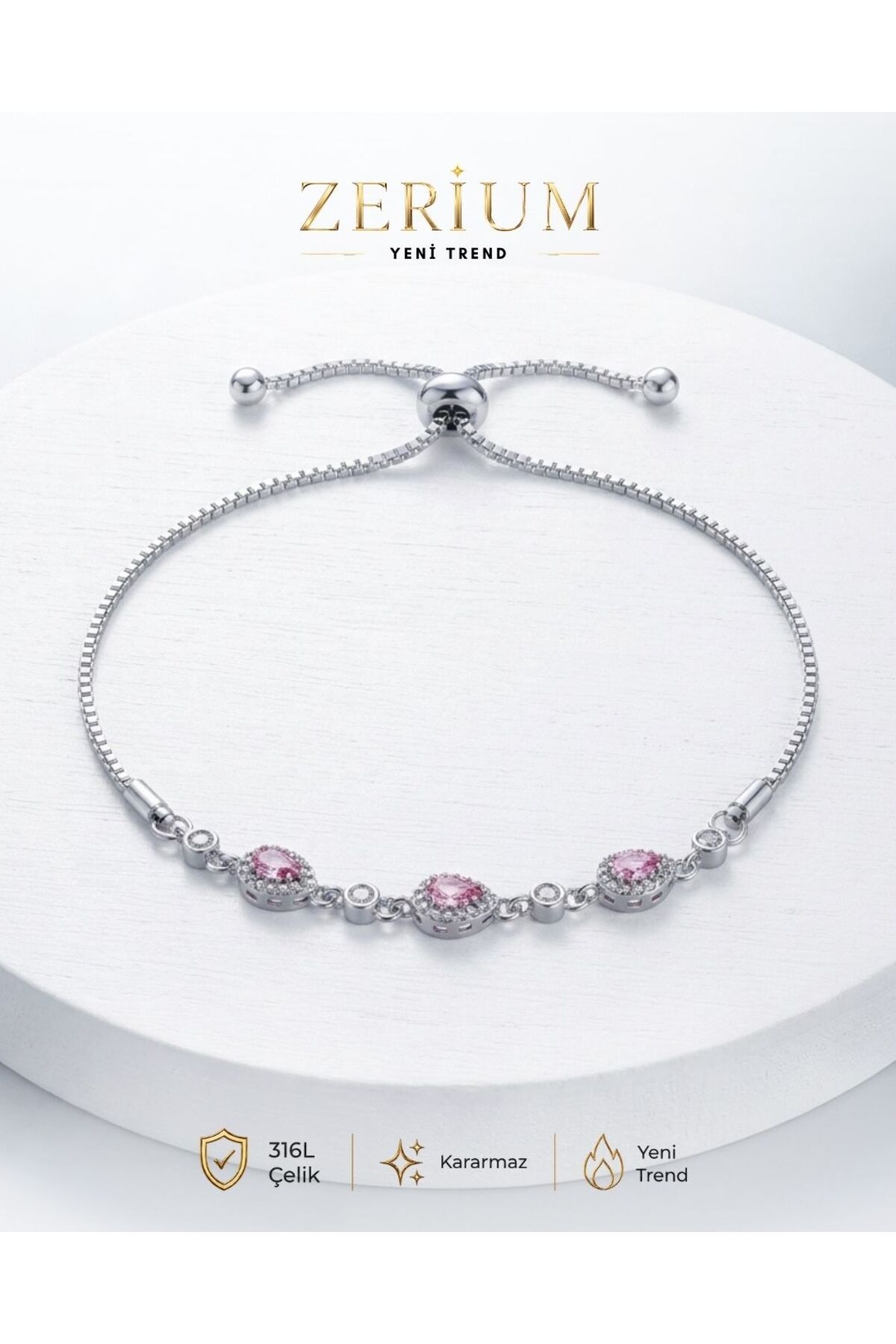 Women's Steel Lift Bracelet Silver Oval Pink Gemstone