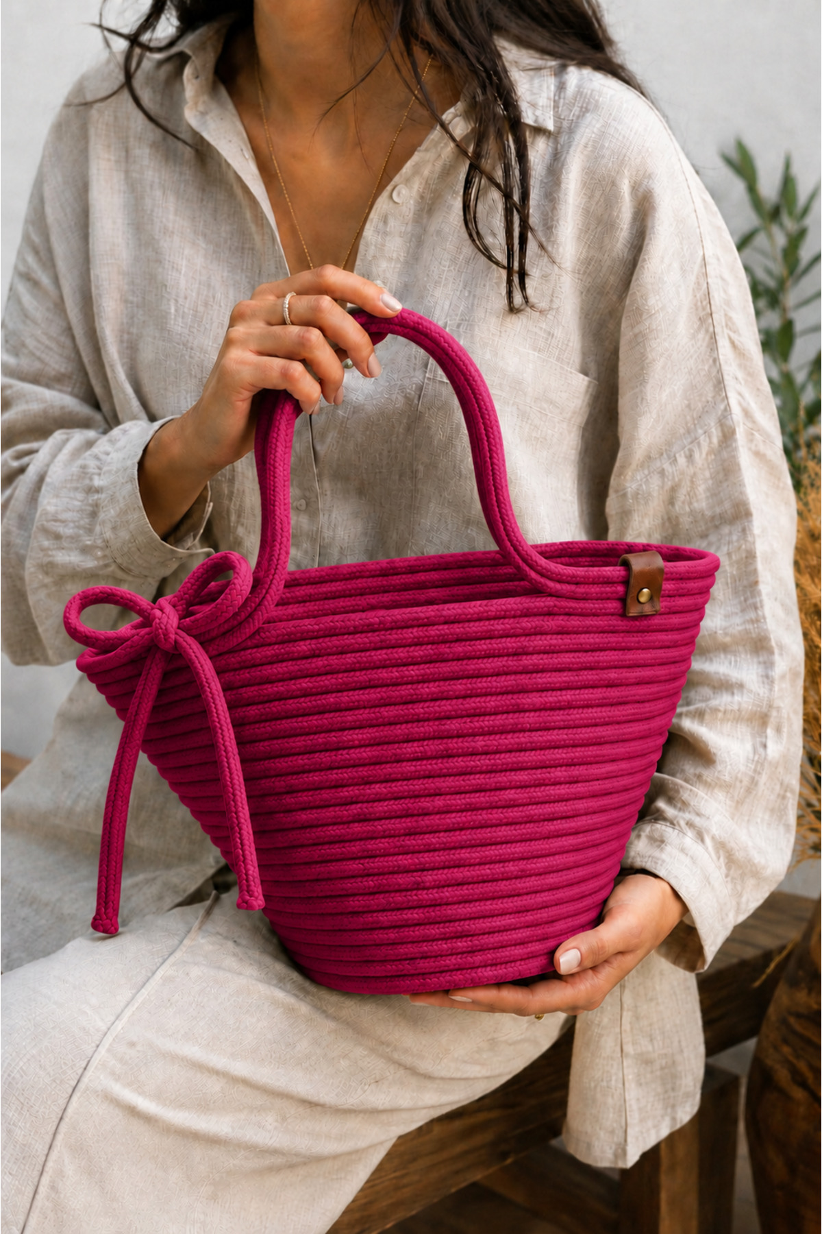 Lola Bowknot Detailed Wicker Handbag Natural Weave Summer Beach, Casual Stylish Design Bag