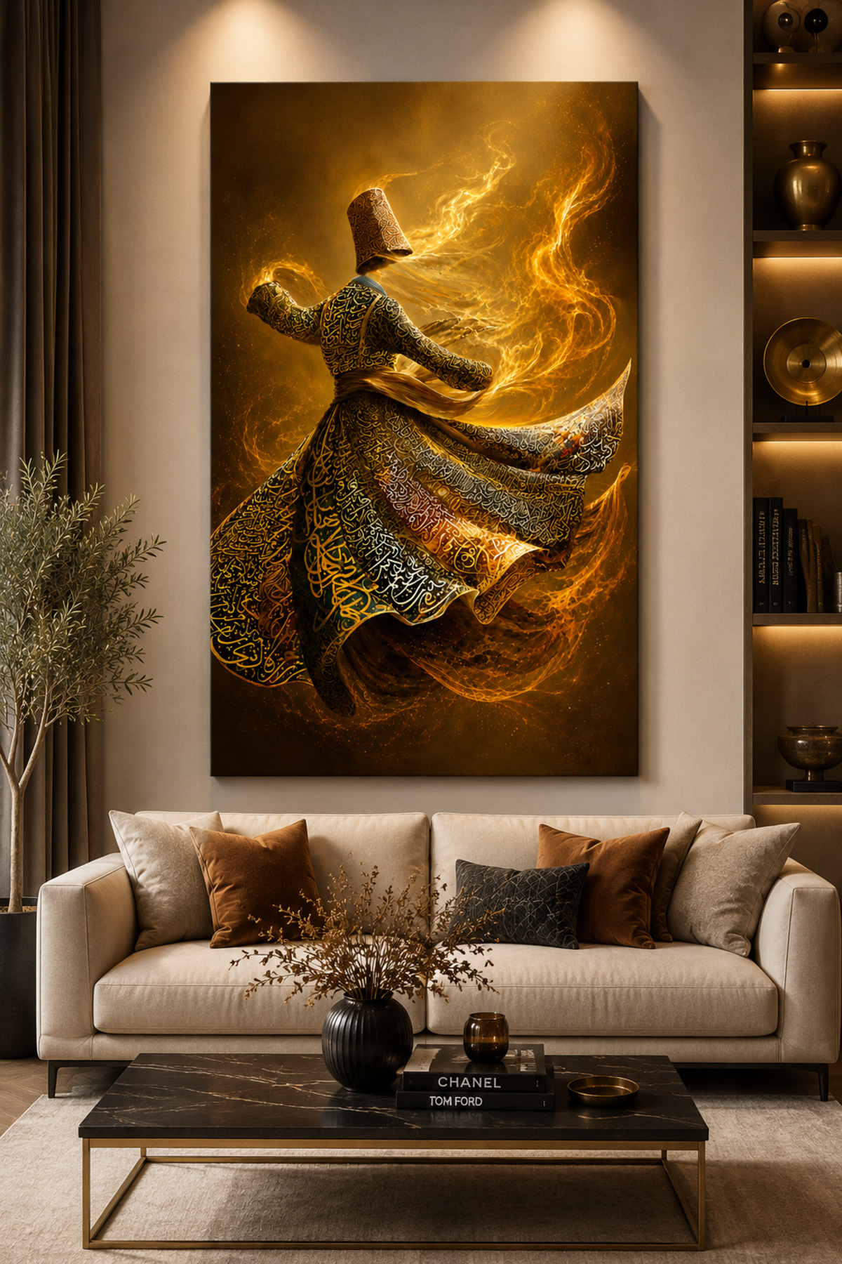 Gold Detailed Semazen Canvas Painting – Calligraphy Sufi Dervish Modern Decorative Wall Table