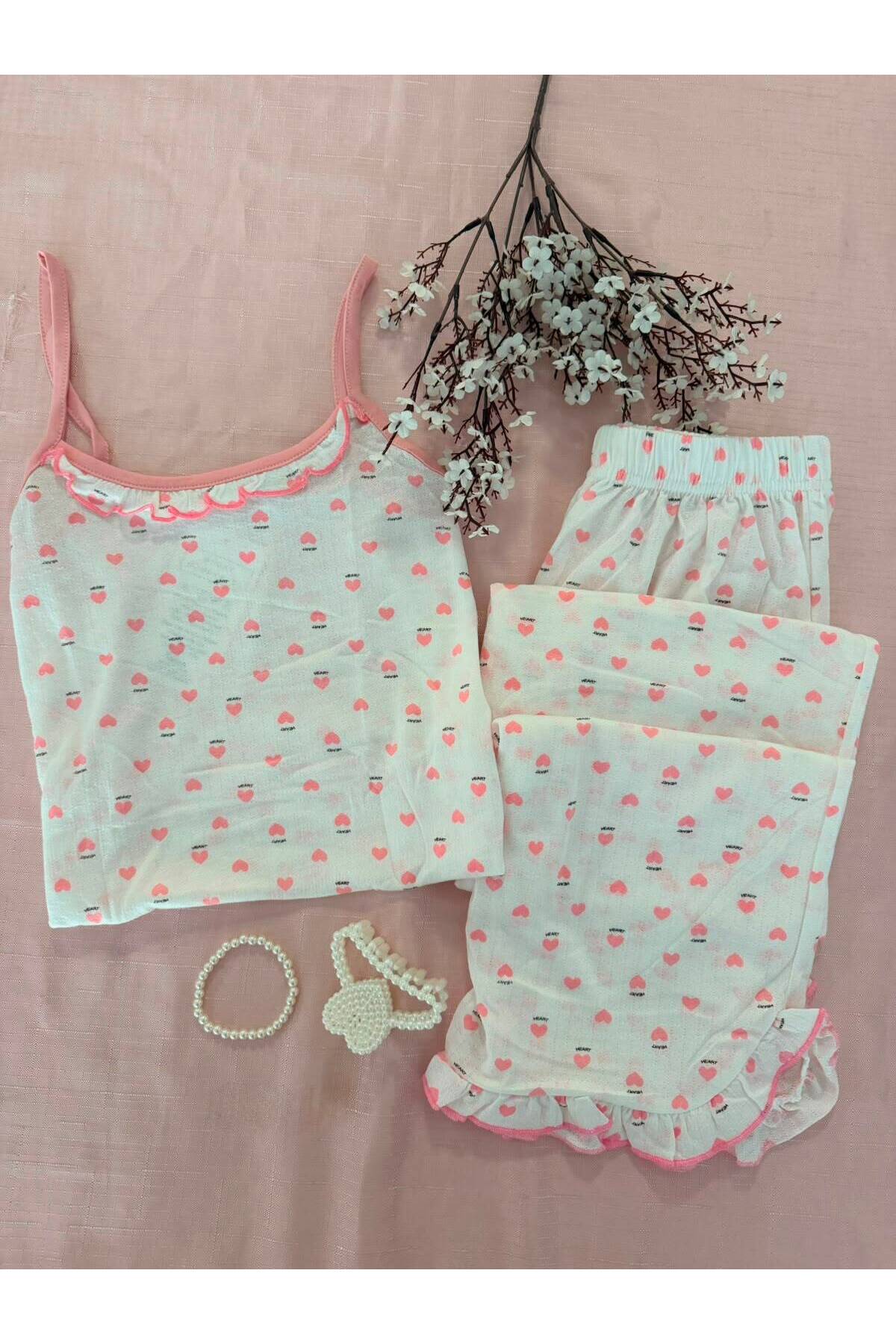 2-Piece Salmon Heart Detailed Long Bottom Pajamas Set