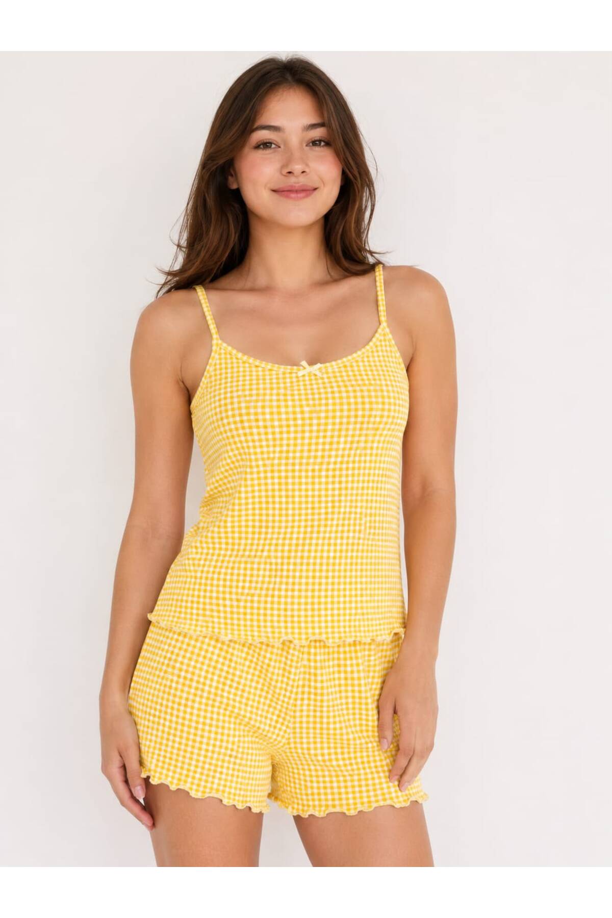 Women's Yellow Pötikare Pattern Strappy Shorts Pajamas Set Summer Casual Home Wear Sleepwear Set