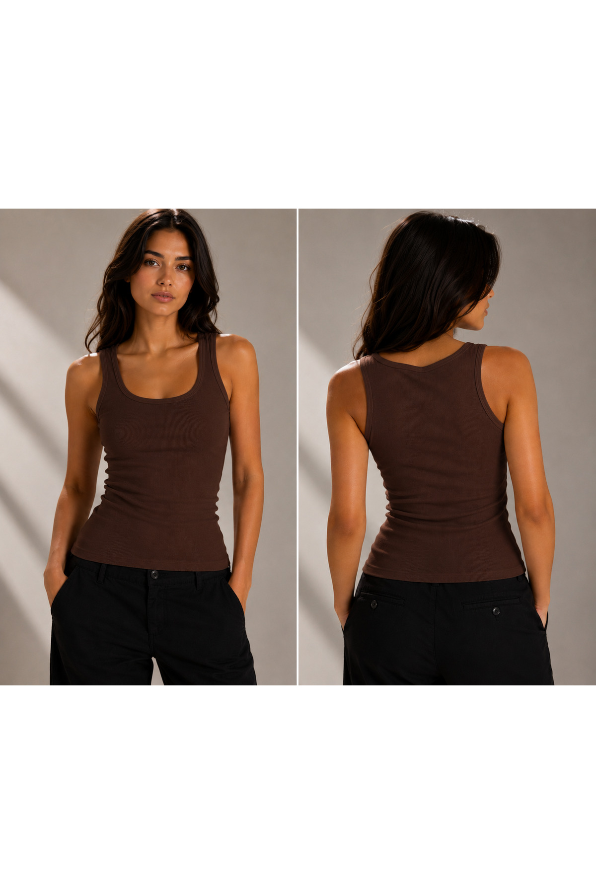 HELMİRA Kadın Kahverengi Askılı Kaşkorse Kumaş Fitilli Görünümlü Slim-Fit Basic Bluz-Atlet görsel 3