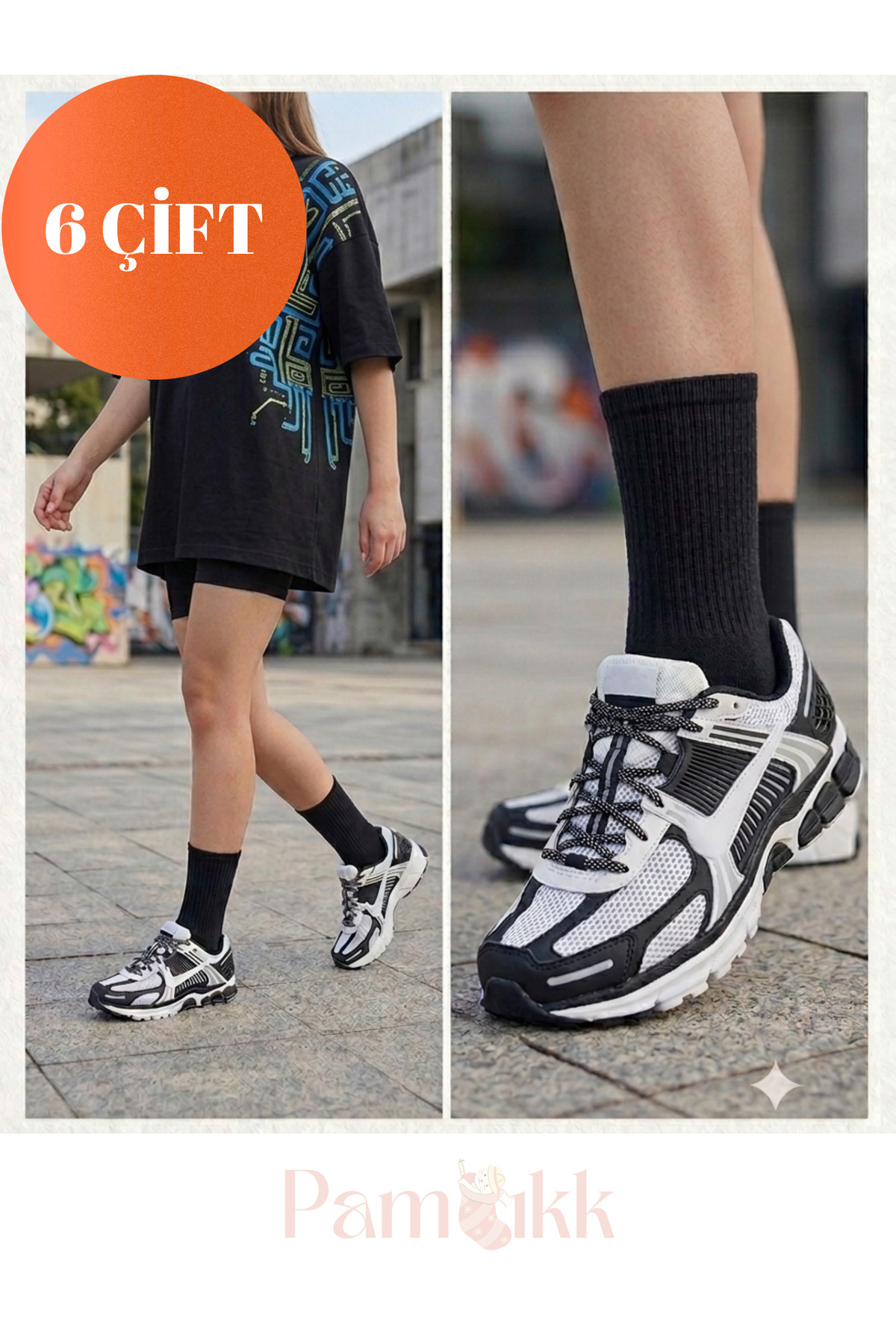 PAMBIK AYAKLAR 6 Çift Siyah Fitilli Spor Çorap - Tenis Çorabı Unisex görsel 2