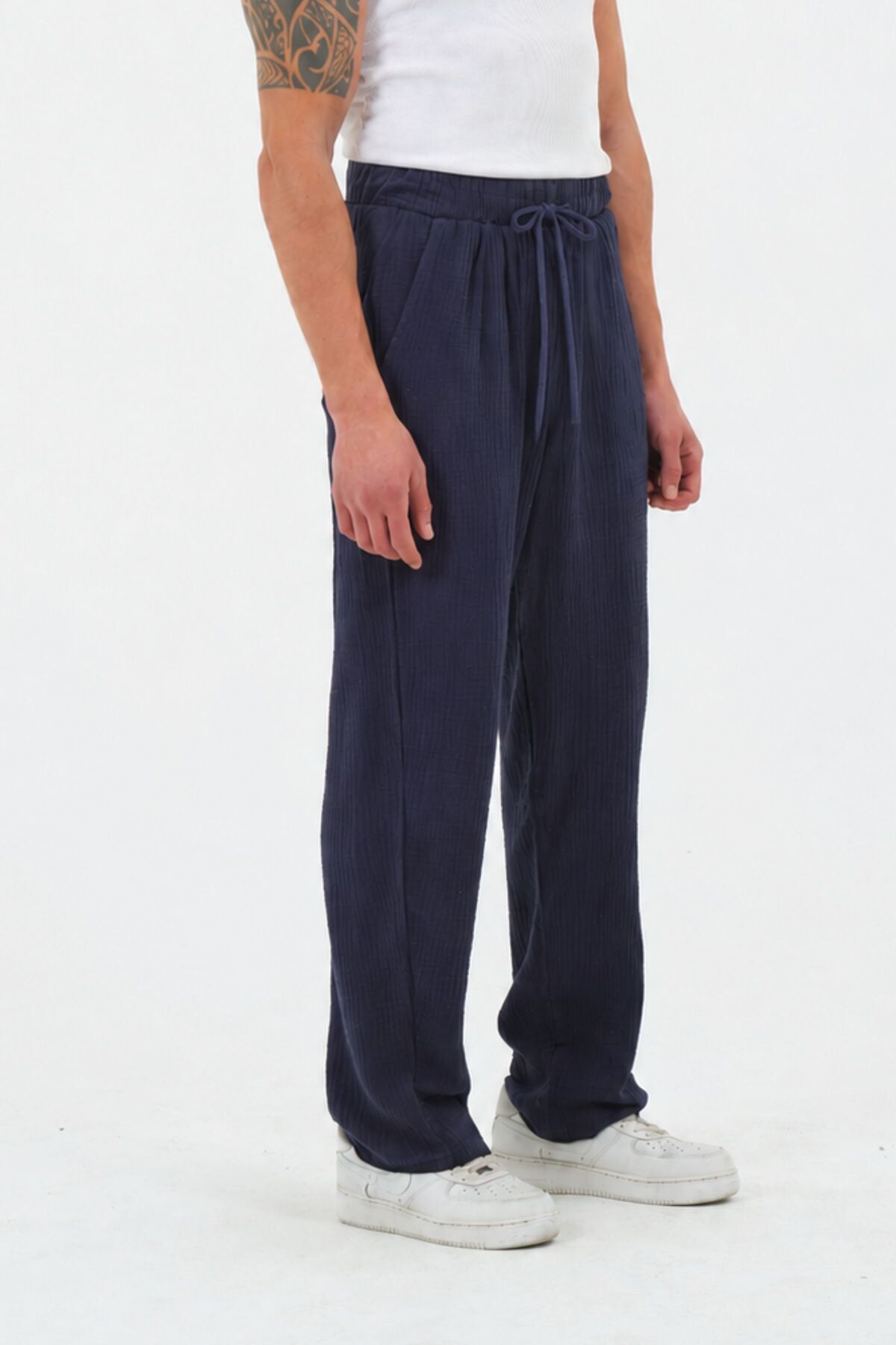 RELAXL 12XL’a Kadar %100 Pamuk Yazlık Müslin Baggy Lacivert Pantolon görsel 5