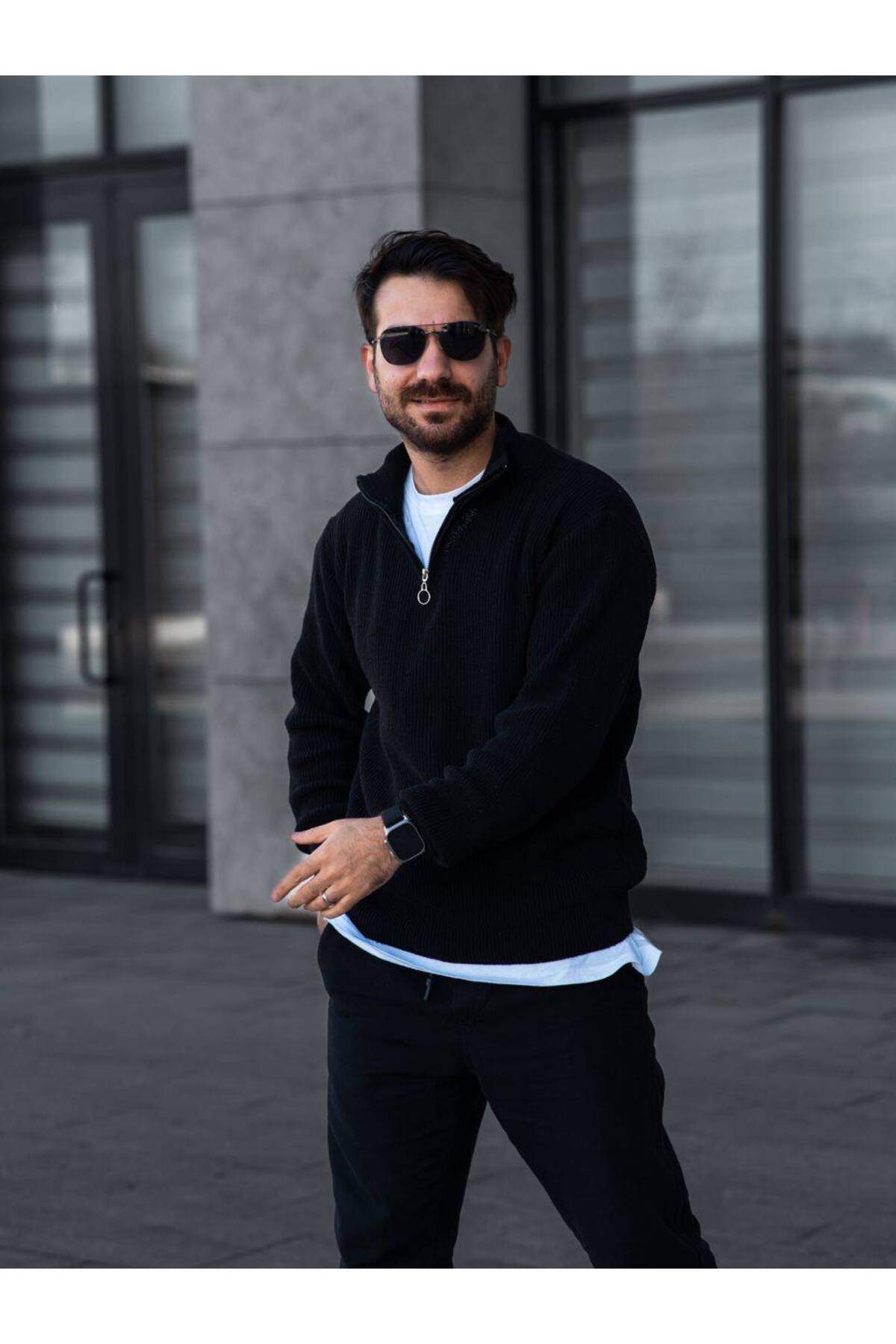 Erkek 3'lü Selanik Örme Yarım Fermuarlı Triko Kazak Kışlık Kalın Dokulu Dik Yaka Premium