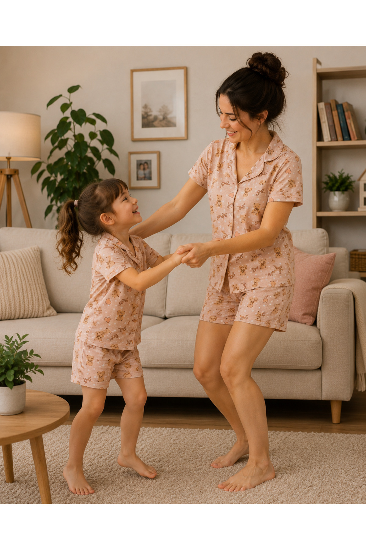 ARN HOMEWEAR ayıcık ve kalp desenli pamuklu anne kız pijama takımı ( bir ürün fiyatıdır) görsel 4