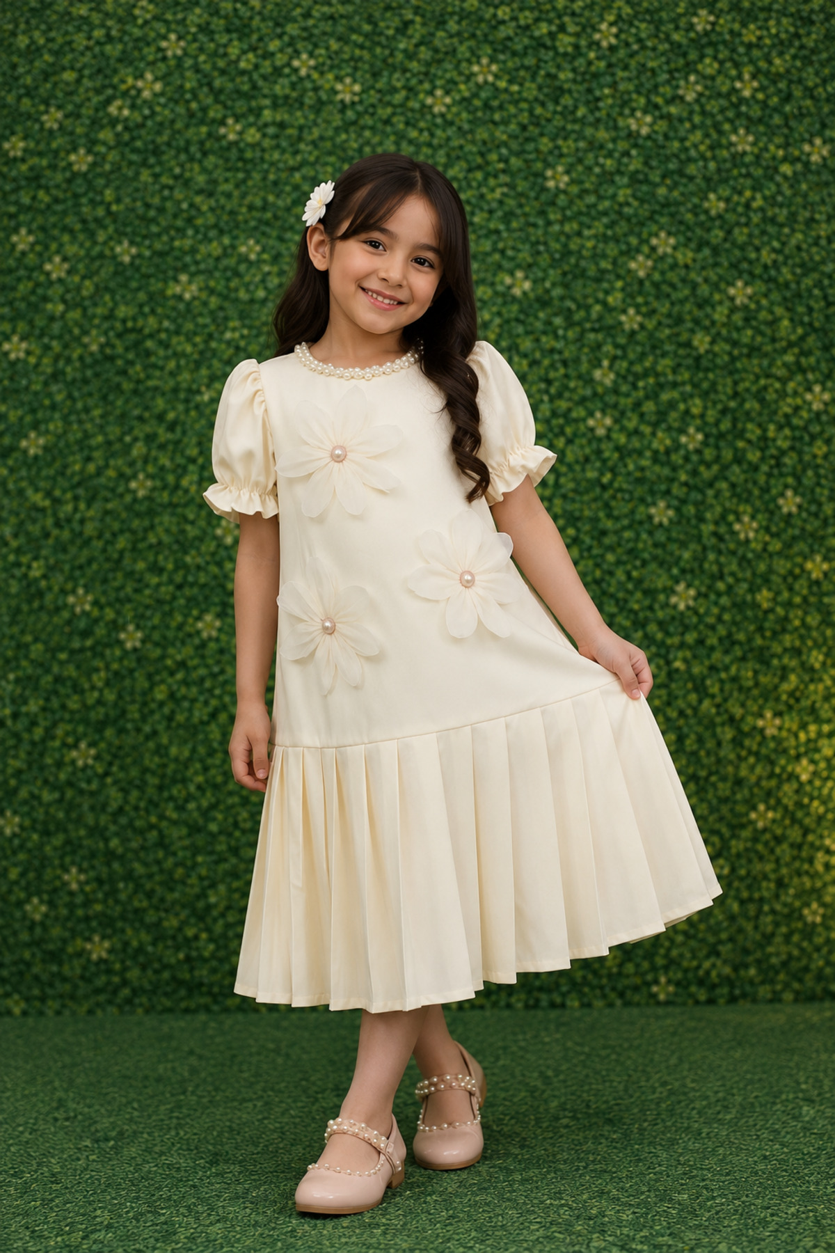 Luxury 3D Floral Pearl Party Dress – Ivory Cream (Luxury Girls' Dress with 3D Flowers and Pearls – Cream Ivory)