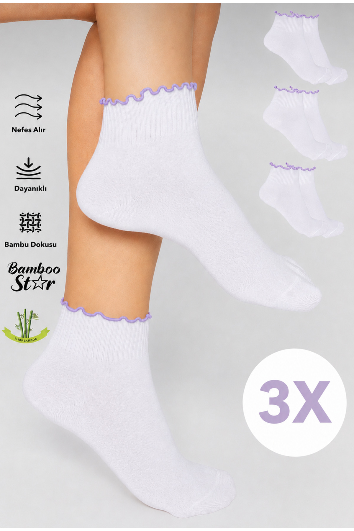 Bamboo Women's Lilac Ruffle Booties Seamless White Socks 3-Pack