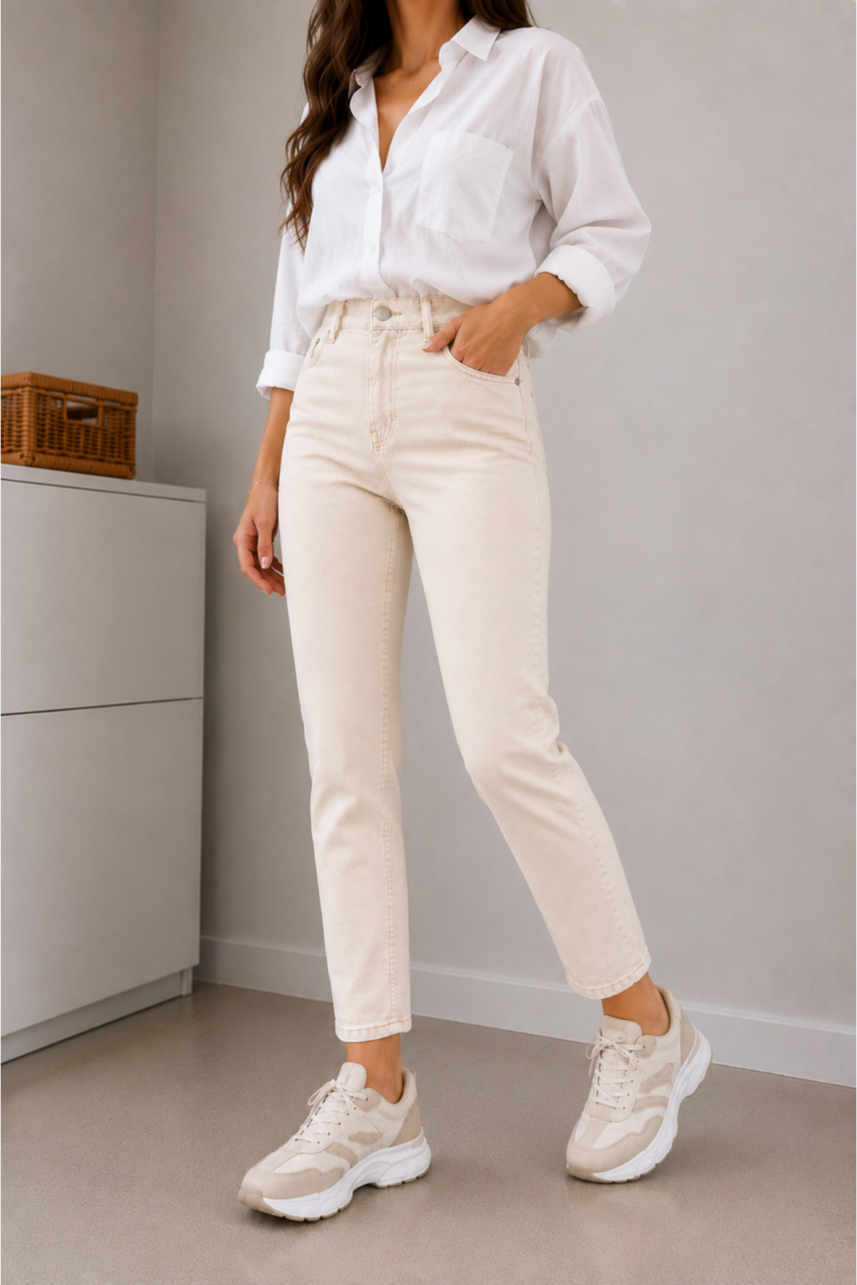 DELDNM Alley Kadın Bej Yüksek Bel Likralı Trend Mom Jean