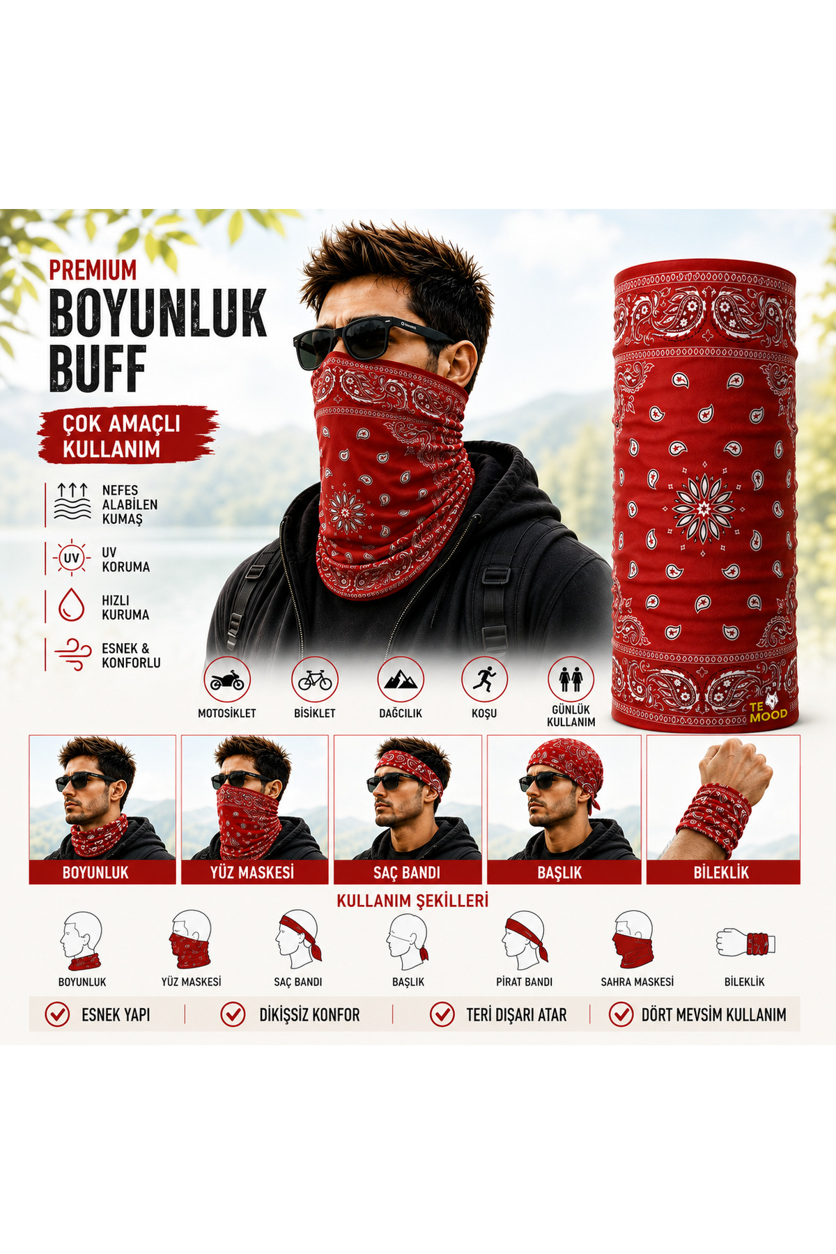FG KONNİCHİWA Bandana Siyah Etnik Bandana Yüz Maskesi ve Boyunluk ve Günlük ve Motosiklet Kullanımı UV Korumalı Çok Amaçlı Boyunluk görsel 5