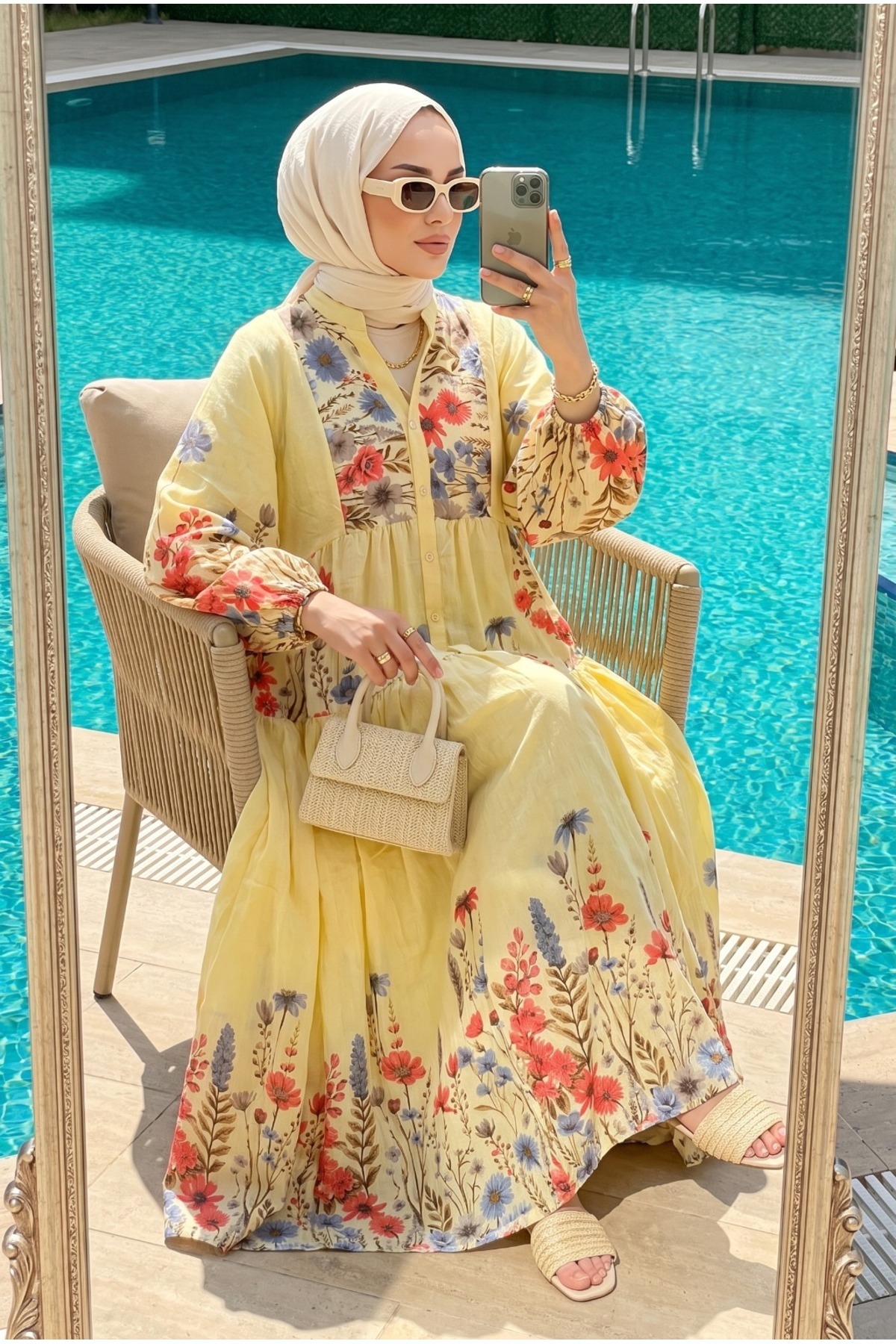 Kirazca Butik Women's Lavin Floral Patterned Hijab Dress – Summer Layered Long Model (Unlined)