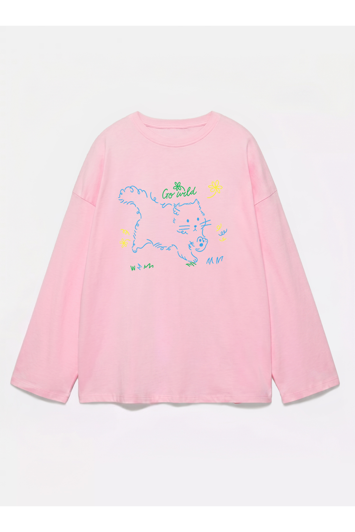 Disante %100 Pamuk Oversize Fit Go wild Baskılı - Bisiklet Yaka Uzun Kollu T-shirt