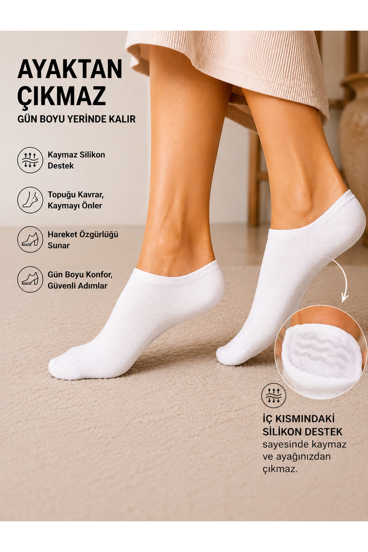 Bilal Çınar Tekstil Unisex Silikonlu Ayaktan Çıkmayan Sneaker Kısa Çorap Dikişsiz Yazlık Hava Alan Pamuklu Esnek Görünmez Bilek Altı Çorap 6’Çift görsel 2