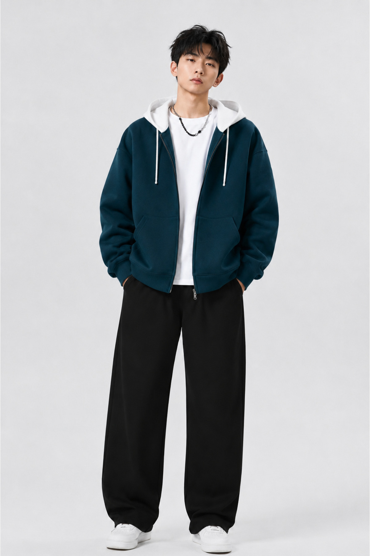 Boi Desensiz Sweatshirt Fermuarlı Hırka - Siyah Oversize Cepli Kışlık Kapüşonlu