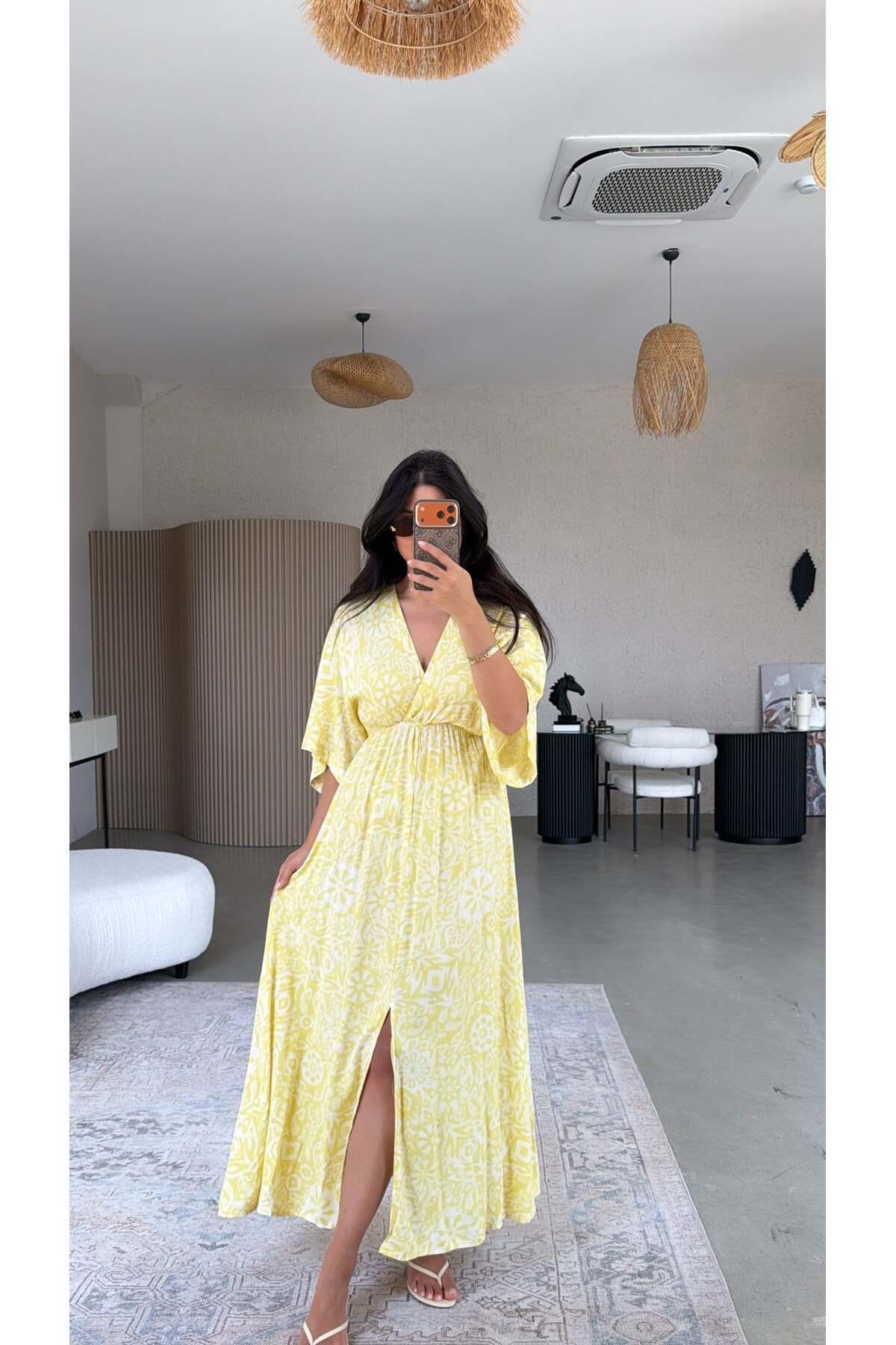 Buket Teke Yellow Patterned Mykonos Viscose Fabric Dress