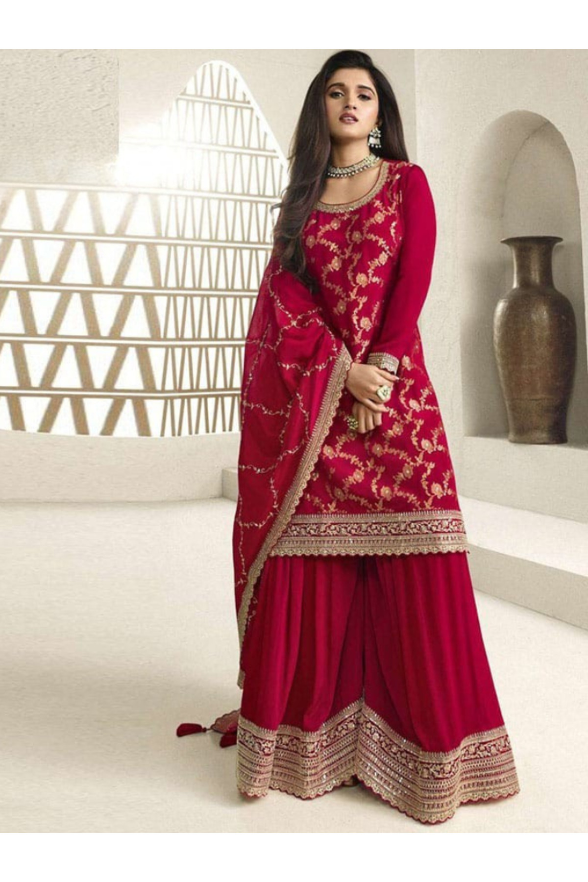 MYSMAR Red Jacquard Chinon Palazzo Suit Set - FFT6986 | Red-Size:M-38-Inches