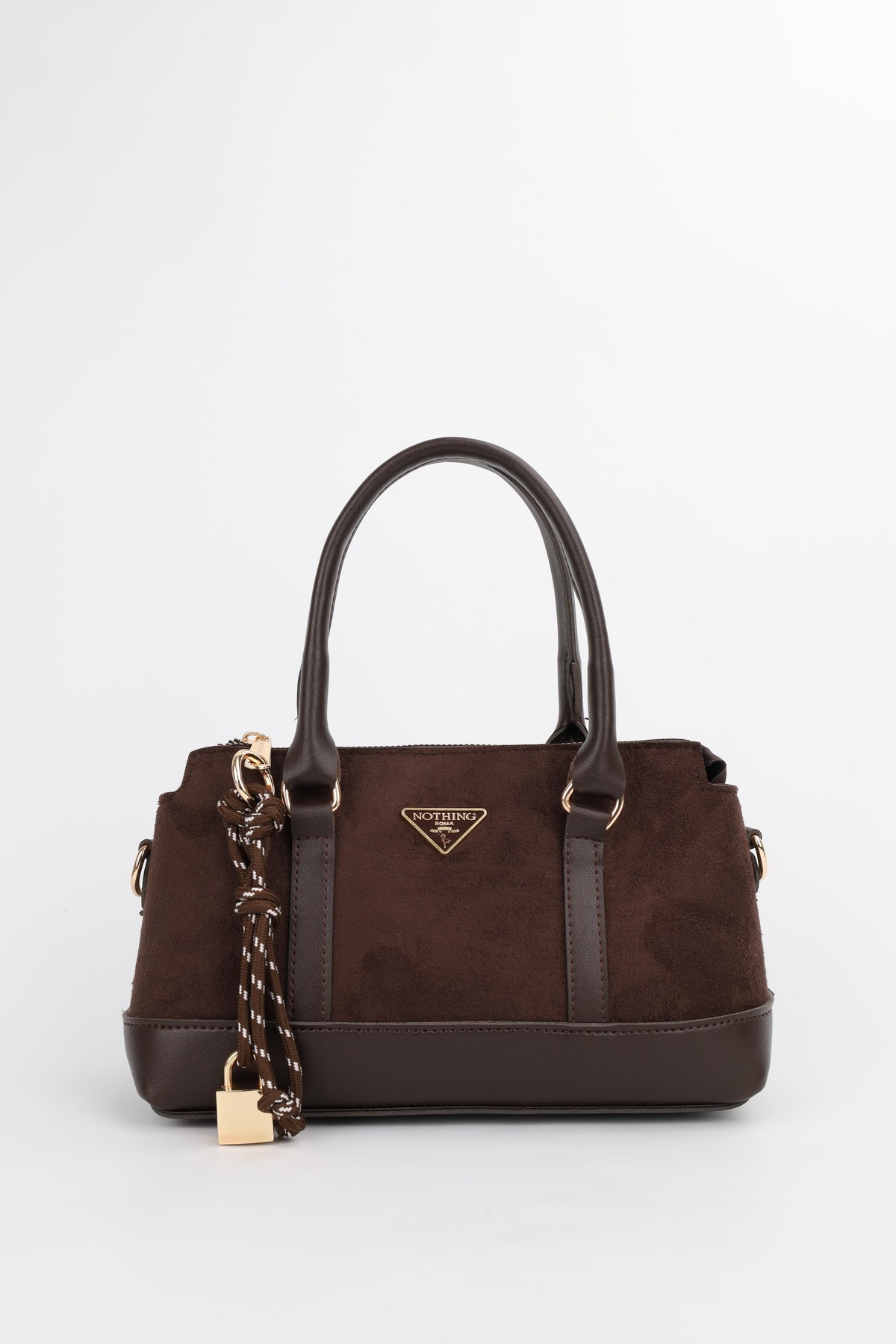NOTHING Women's Suede Brown Lock Charm Detailed Shoulder and Crossbody Bag Elena