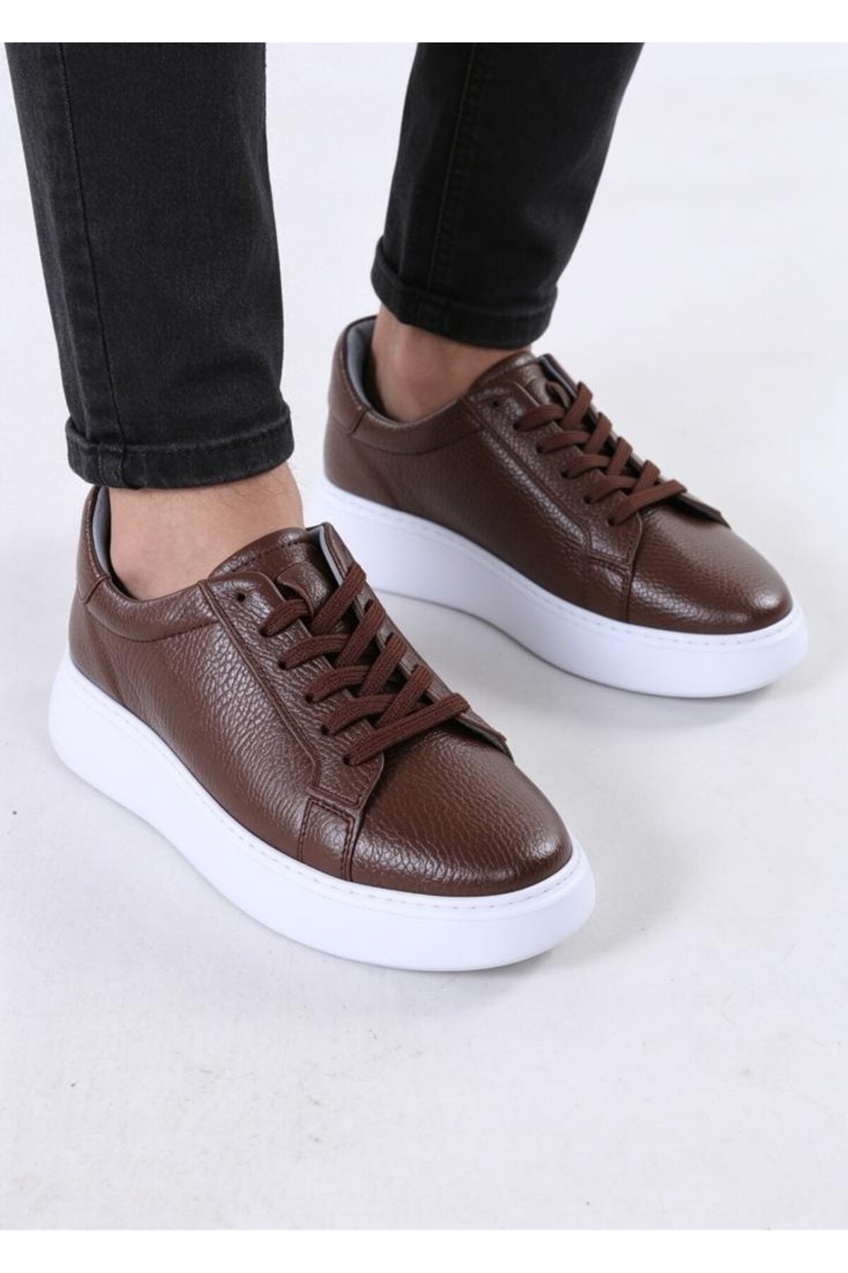 TROVIX Premium Kahverengi Erkek Sneaker, %100 Hakiki Deri, Beyaz EVA Taban