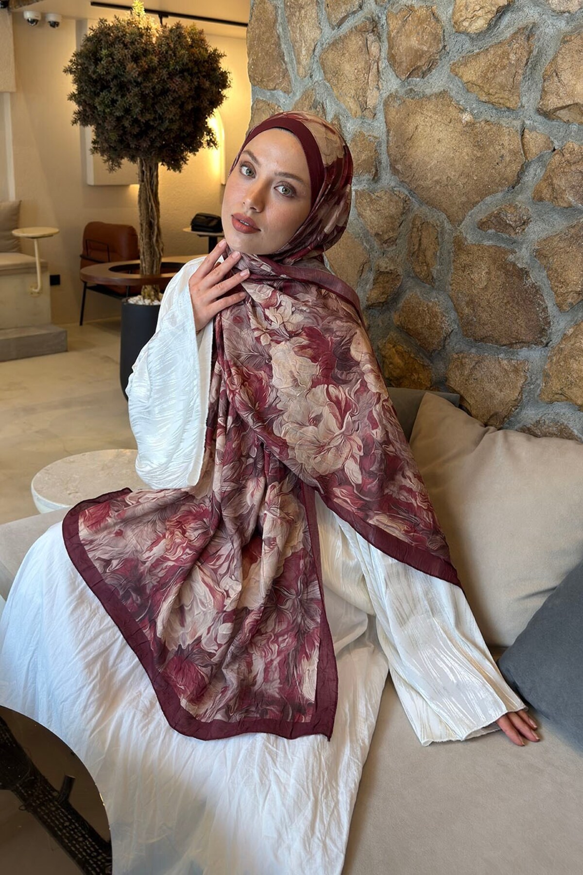 lamelif Vintage Flower Desen Bambu Şal Bordo görsel 2