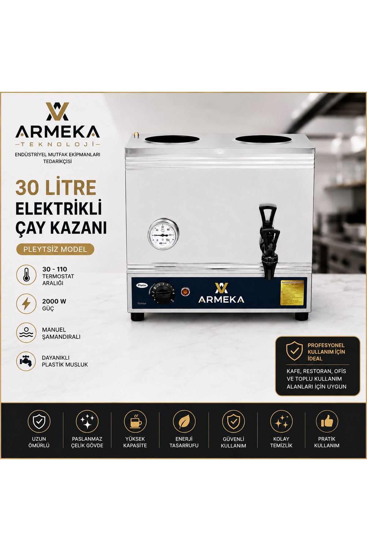 Armeka Çay Kazanı Plastik Musluklu Pleytsiz Çay Ocağı 30 Litre