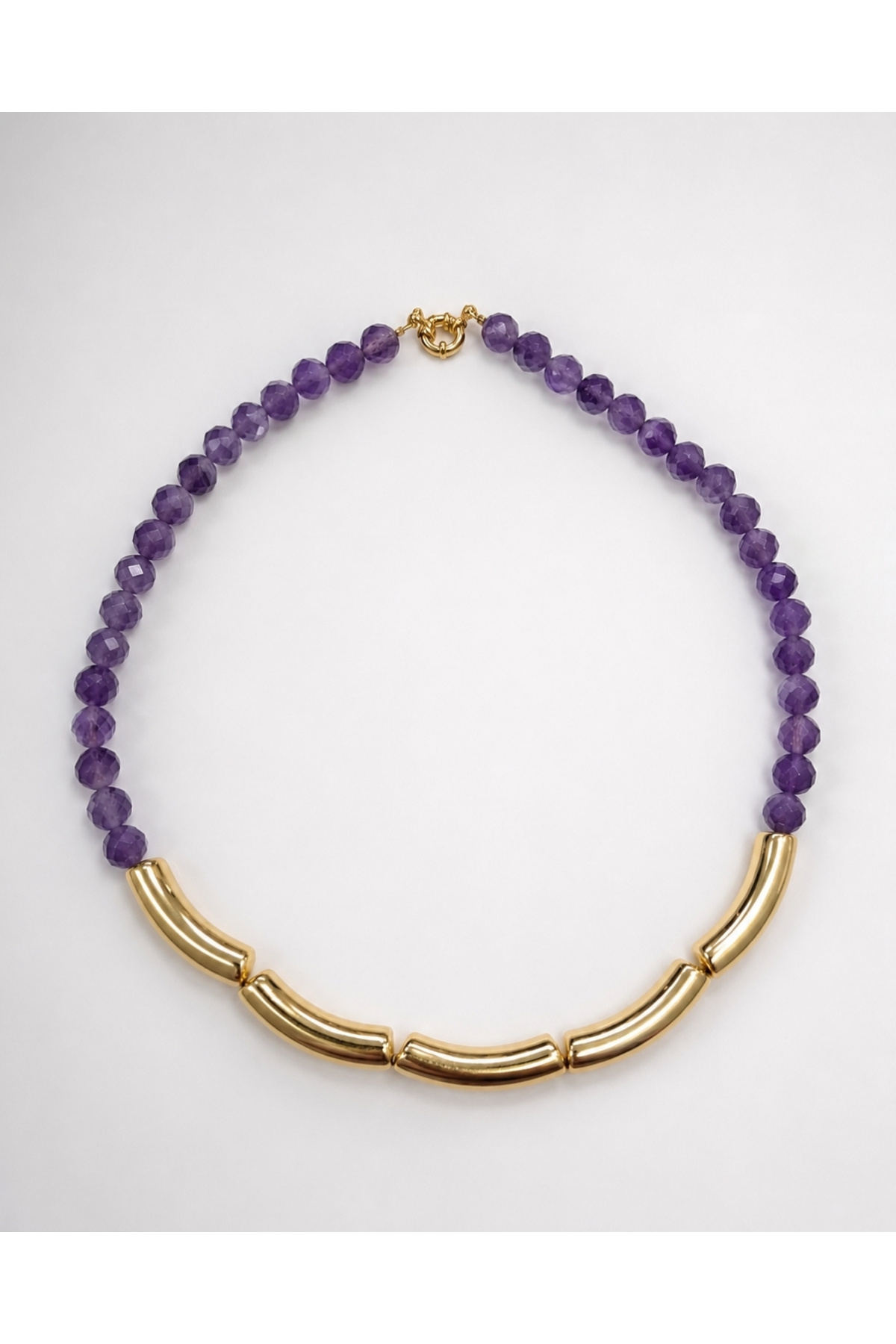 Ametist Doğal Taşlı Gold Boru Detaylı Choker Kadın Kolye