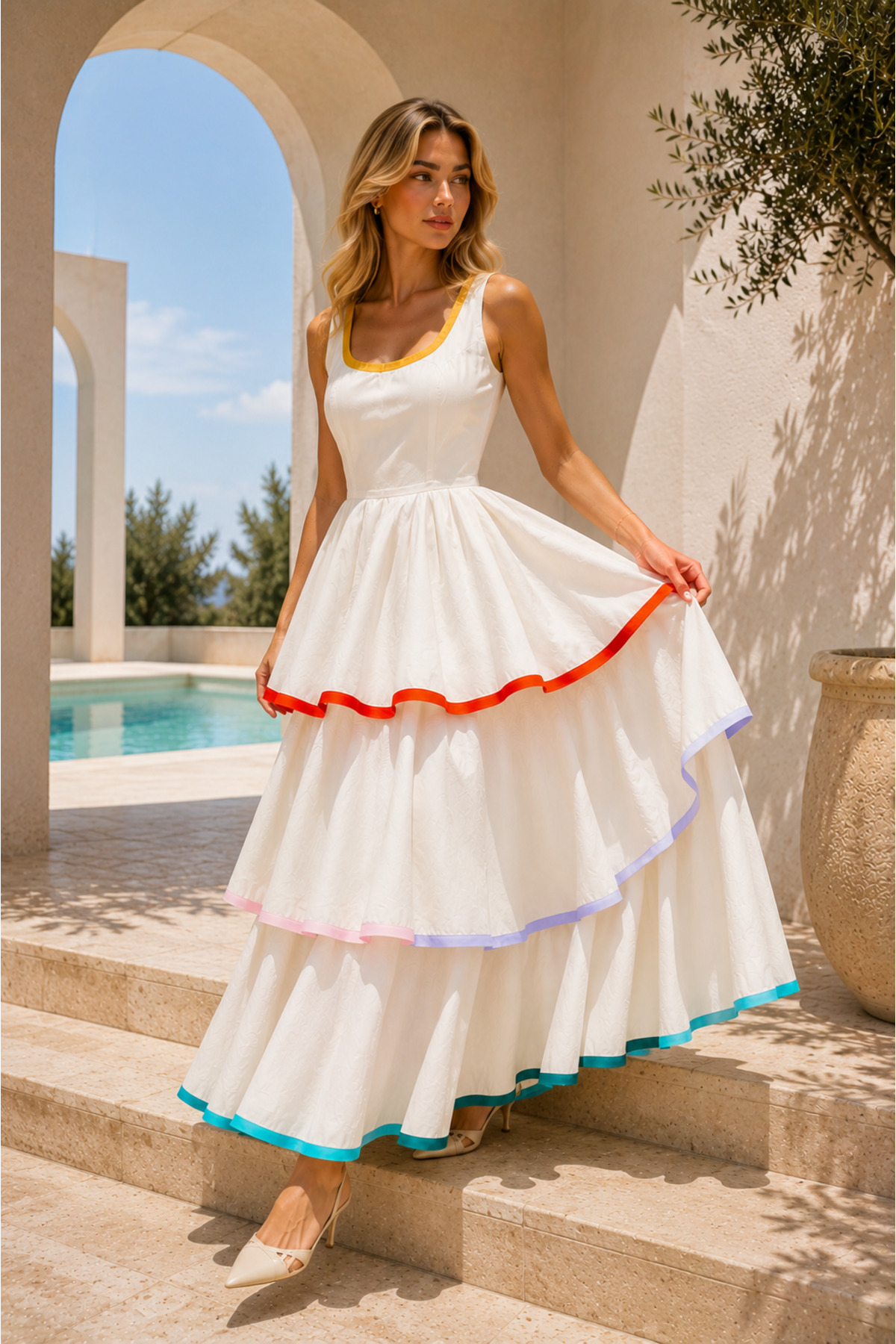 1434 Polo State Women's Ecru Colorful Ribbed Layered Strap Long Dress