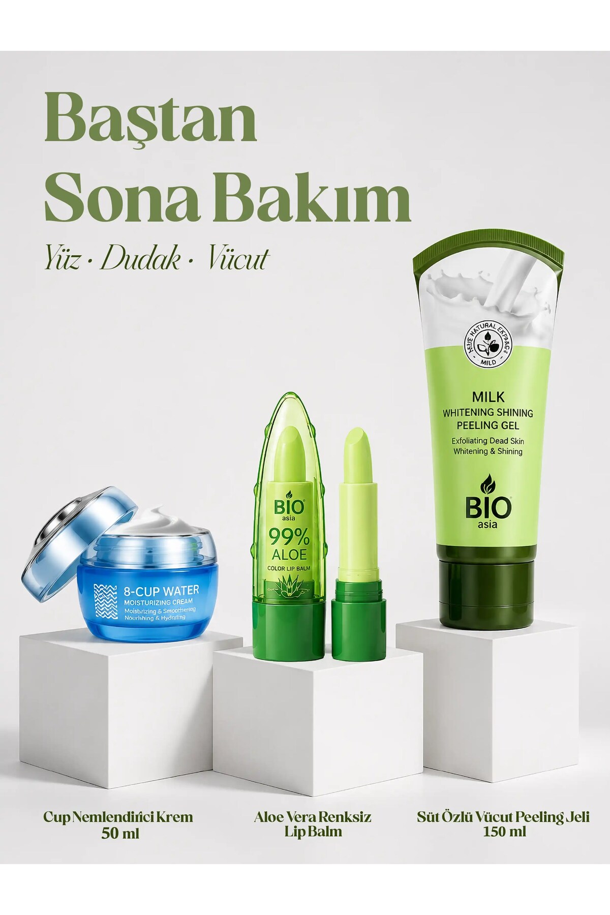 Cilt Bakım Seti 3'lü - 8-Cup Nemlendirici Krem + Süt Peeling Jeli + Pembe Lip Balm — BIO-SET2 — تصویر 2 از 6
