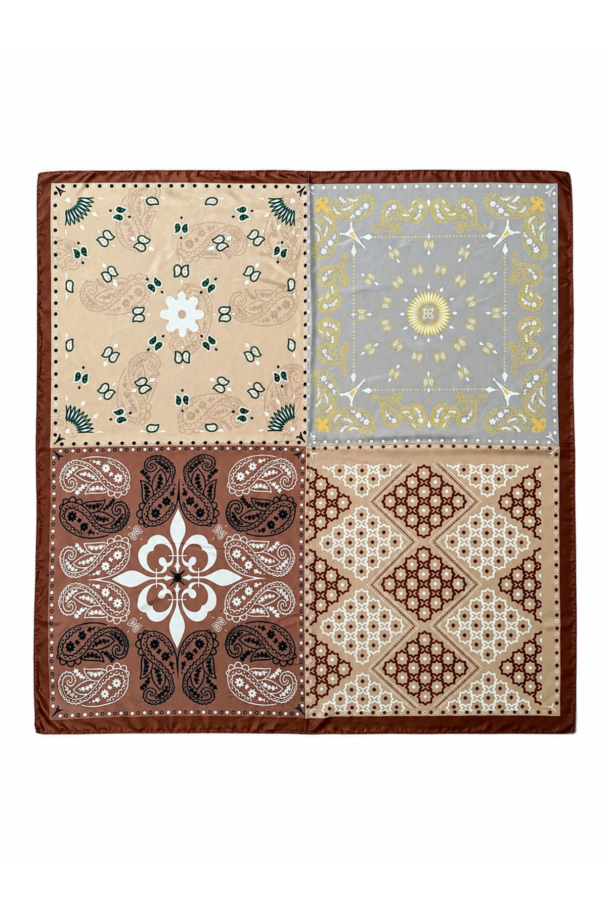 EveryScarf Premium Patchwork Desenli Kare Polyester Fular Toprak Tonları 70x70 cm görsel 2