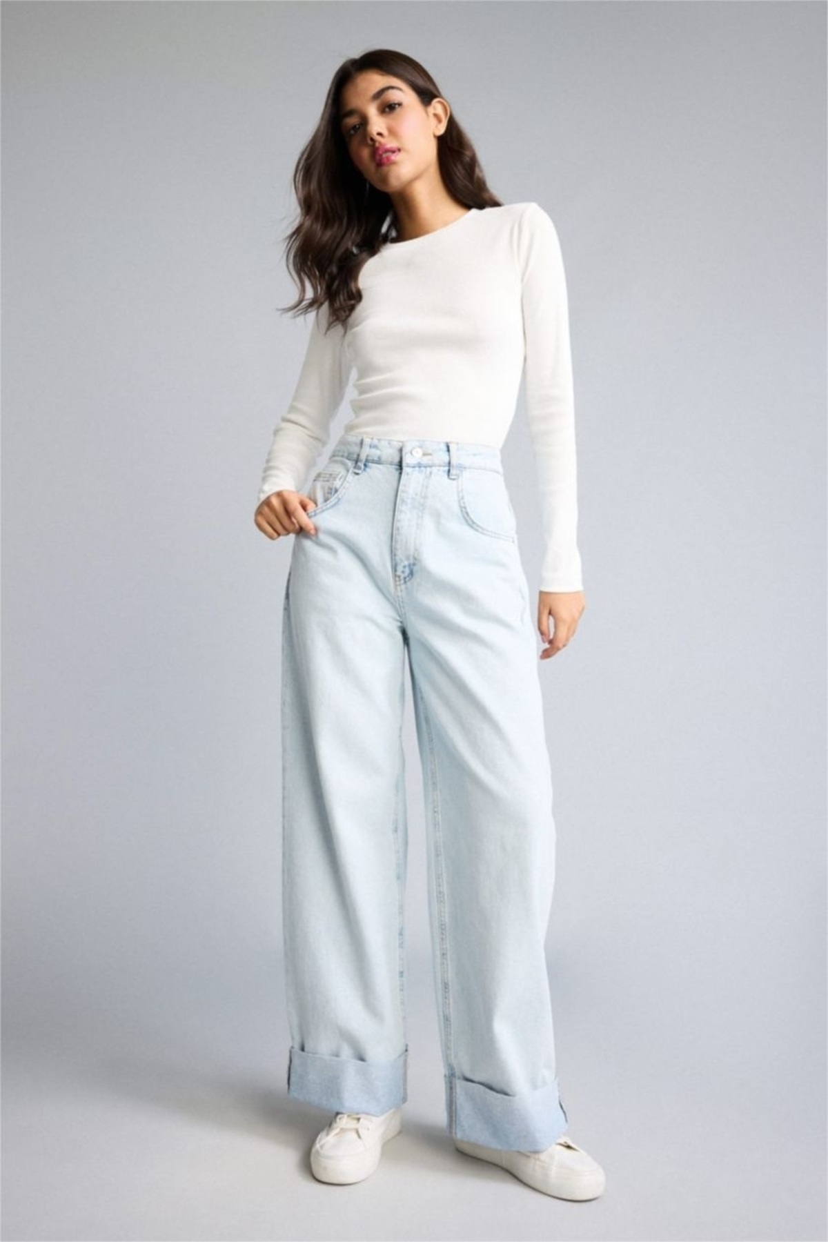 Defacto 100% Cotton Baggy Fit High Waist Wide Folded Hem Light Blue Trousers I1908Ax26Au